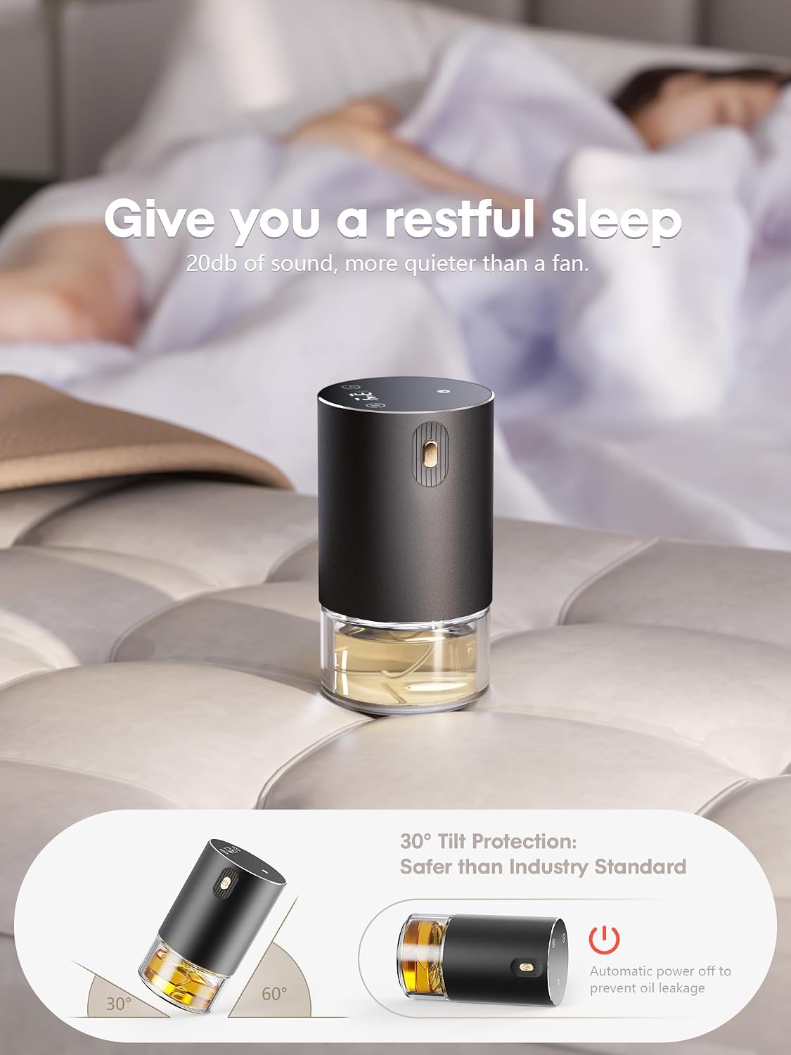 Waterless Oil Diffuser for Home, Car, Office - Rechargeable Scent & Essential Oil Diffuser, 4 Mist Modes and 1/2/4/6 Hour Timer, Portable Cordless Aromatherapy, Spill-Proof Metal Design - Black