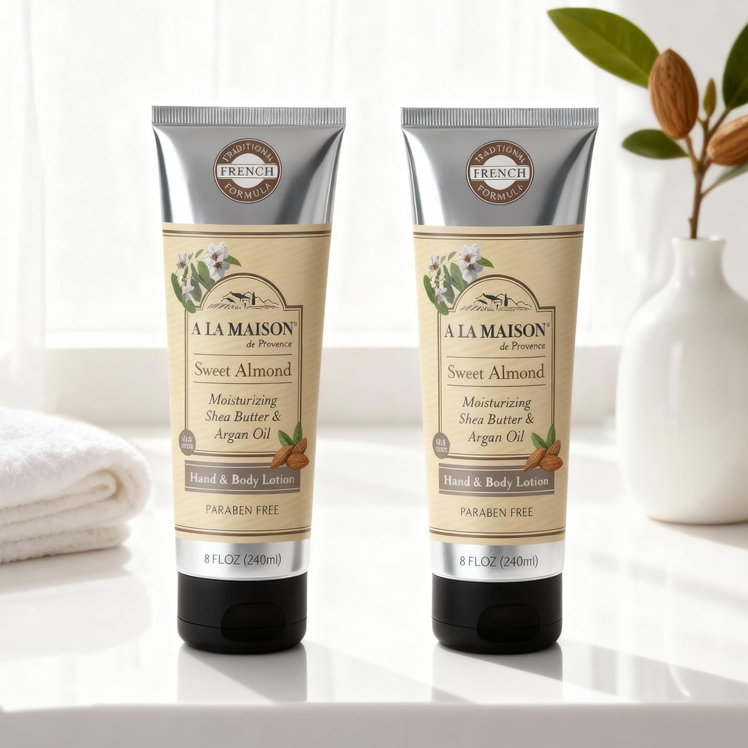 A LA MAISON Moisturizing Lotion, Sweet Almond - Nourishing French Formula for Dry Skin - Argan Oil, Pure Shea Butter, Essential Oils, Plant Based, Cruelty-Free, SLS and Paraben Free (8 Oz, 2 Pack)