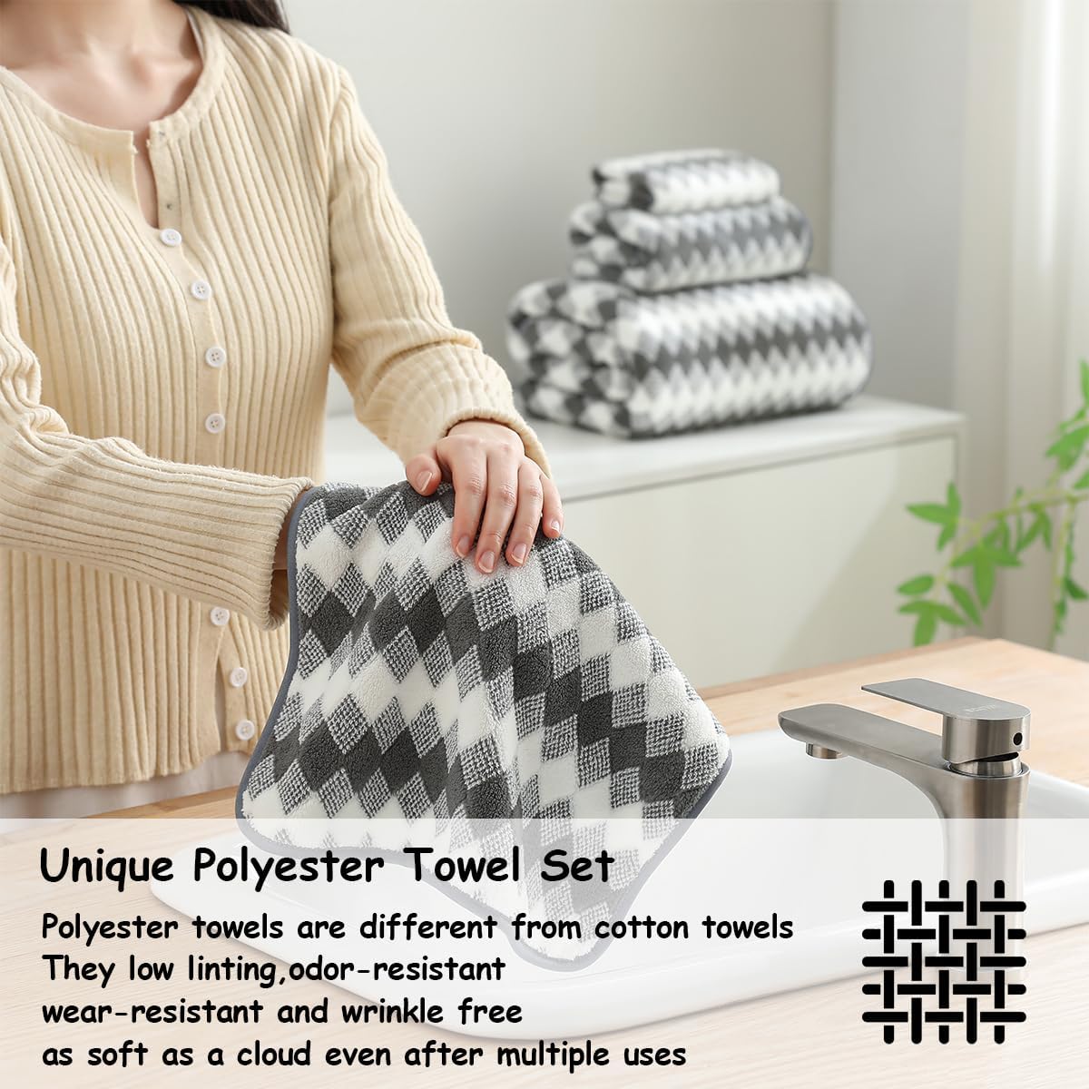 12 Pcs Gray White Diamond Towel Set-4 Bath Towels,4 Hand Towels,4 Washcloths Soft Polyester Towels with Loop Absorbent Shower Towel Quick Dry Beach Chair Towel Family Towels for Bathroom Spa Gym Pool