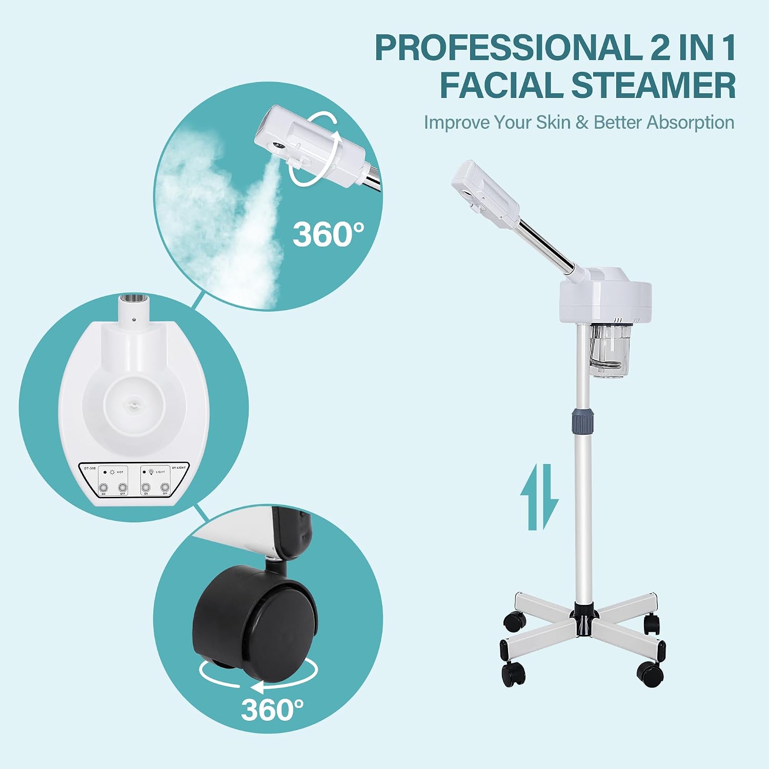 Professional Facial Steamer for Face Professional Deep Cleansing with Hot Mist Function Stand on Wheel, High Frequency for Home Spa Salon Beauty Skin Care, White