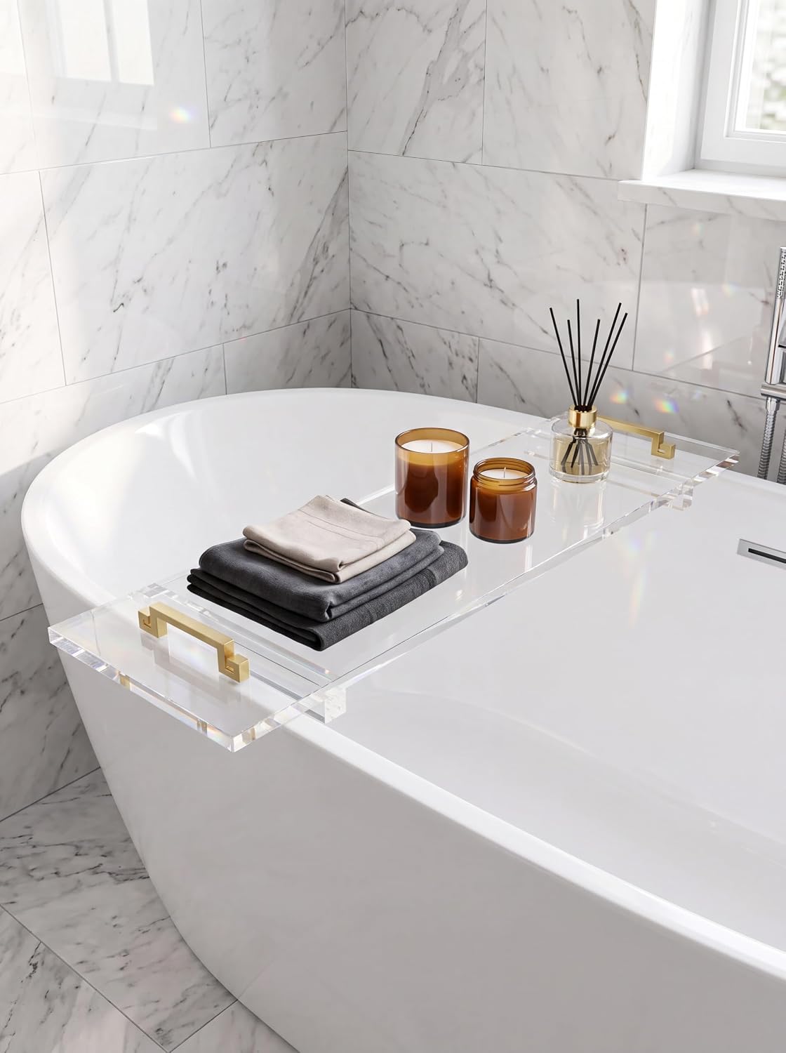 42 Inch Acrylic Bathtub Tray Caddy, Clear Thick Lucite Bath Tub Shelf with Gold Anti-Slip Support Brackets, Luxury Bathroom Spa Bathtub Organizer Tray
