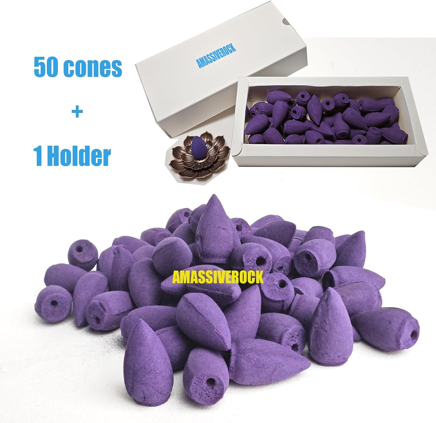 Lavender Incense Cones (50 Cones) with Backflow Incense Cones Holder Natural Meditation Lavender Rose Citronella Incense Cone Yoga Relaxing Home Decor Aromatherapy Fragrance
