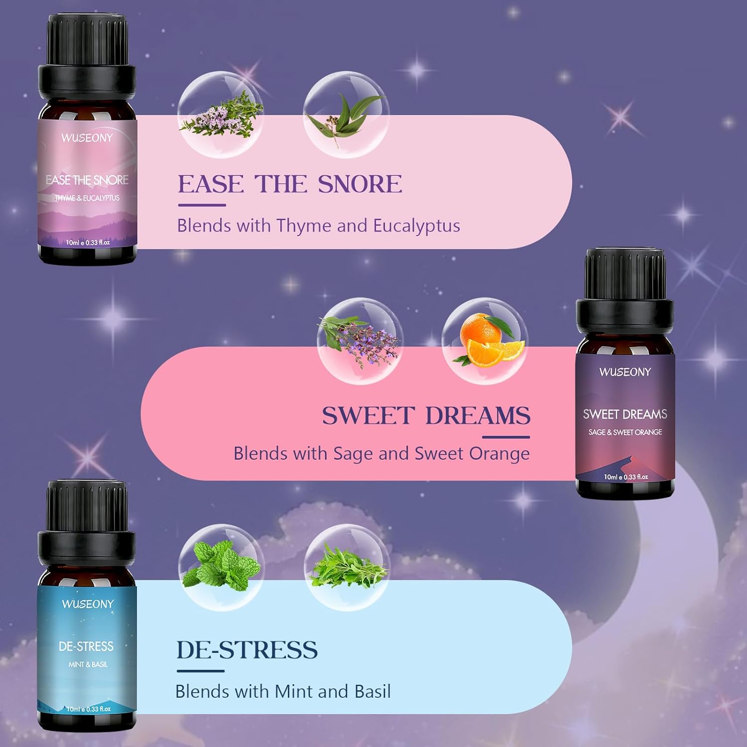 WUSEONY Sleep Essential Oils Set for Diffusers for Home, Set of 6 Essential Oil Blend Aromatherapy - Eucalyptus, Jasmine, Orange, Lavender, Cedar, Mint
