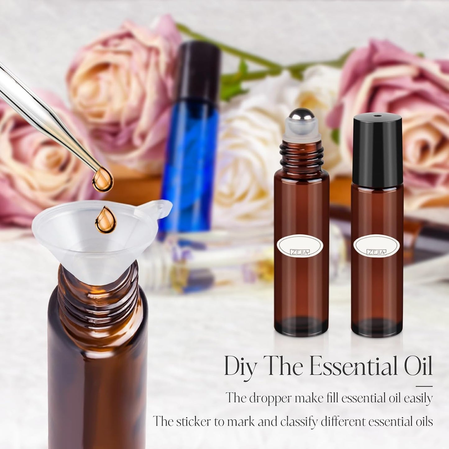 10ml Roller Bottles for Essential Oils, 6 Pack Glass Roll on Bottles, Refillable Perfume Bottle, with Stainless Steel Roller Balls, 2 Droppers, 1 Opener, Labels(Amber)