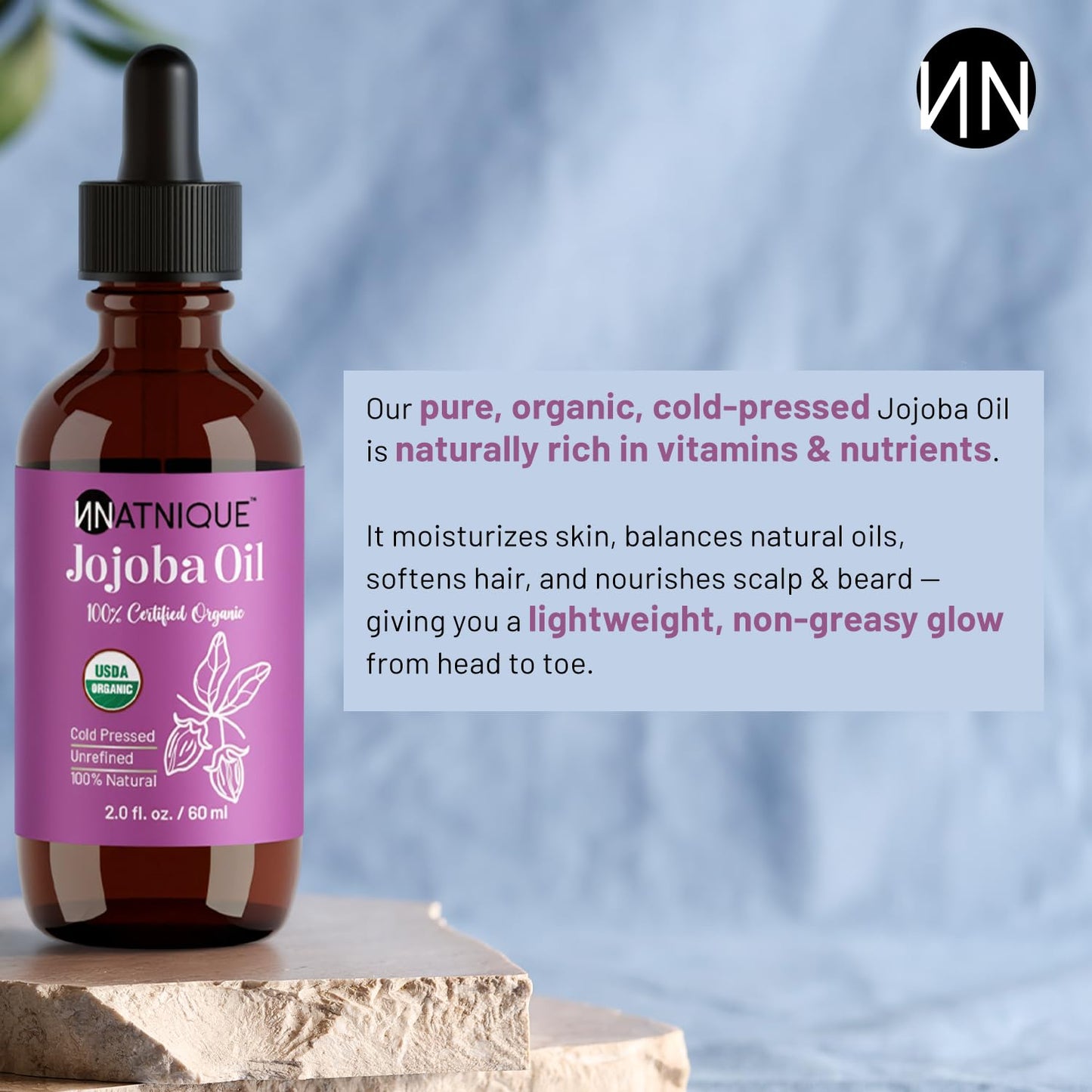 Natnique Organic Jojoba Oil – Brush Included – USDA Certified, Cold Pressed, Unrefined & Hexane-Free – Pure Moisturizer for Hair, Face, Skin, Beard, Scalp, Nails & Cuticles – Natural Care (2 oz)