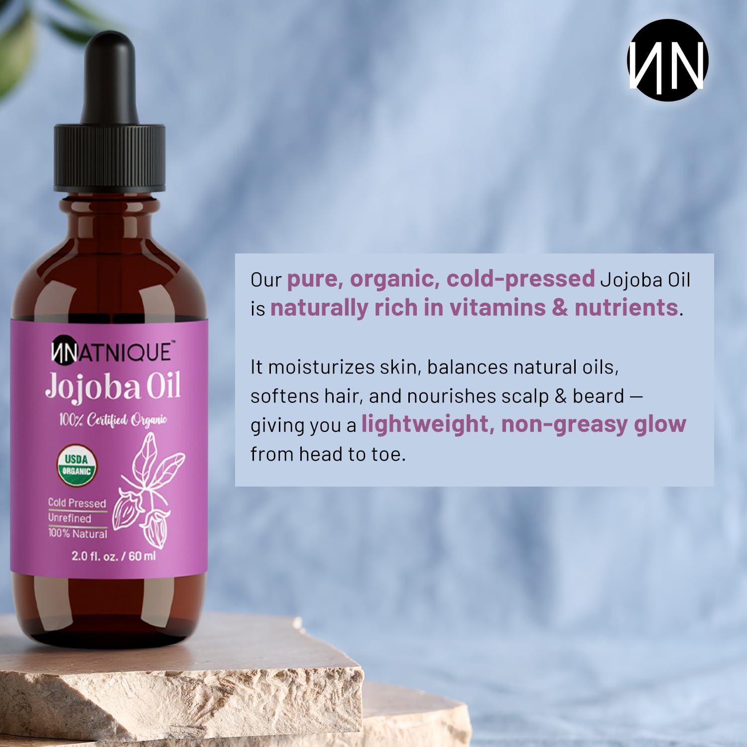 Natnique Organic Jojoba Oil – Brush Included – USDA Certified, Cold Pressed, Unrefined & Hexane-Free – Pure Moisturizer for Hair, Face, Skin, Beard, Scalp, Nails & Cuticles – Natural Care (2 oz)