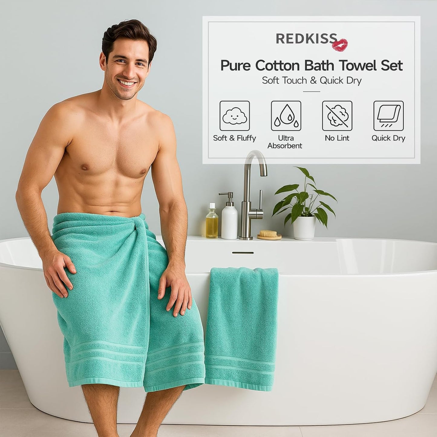 REDKISS Teal Towels Set 6 Piece Cotton Towel Sets with 2 Bath Towels, 2 Hand, 2 Washcloths, 650GSM Hotel Quality, Soft, Highly Absorbent Towels for Bathroom Gym, Ideal Everyday Use