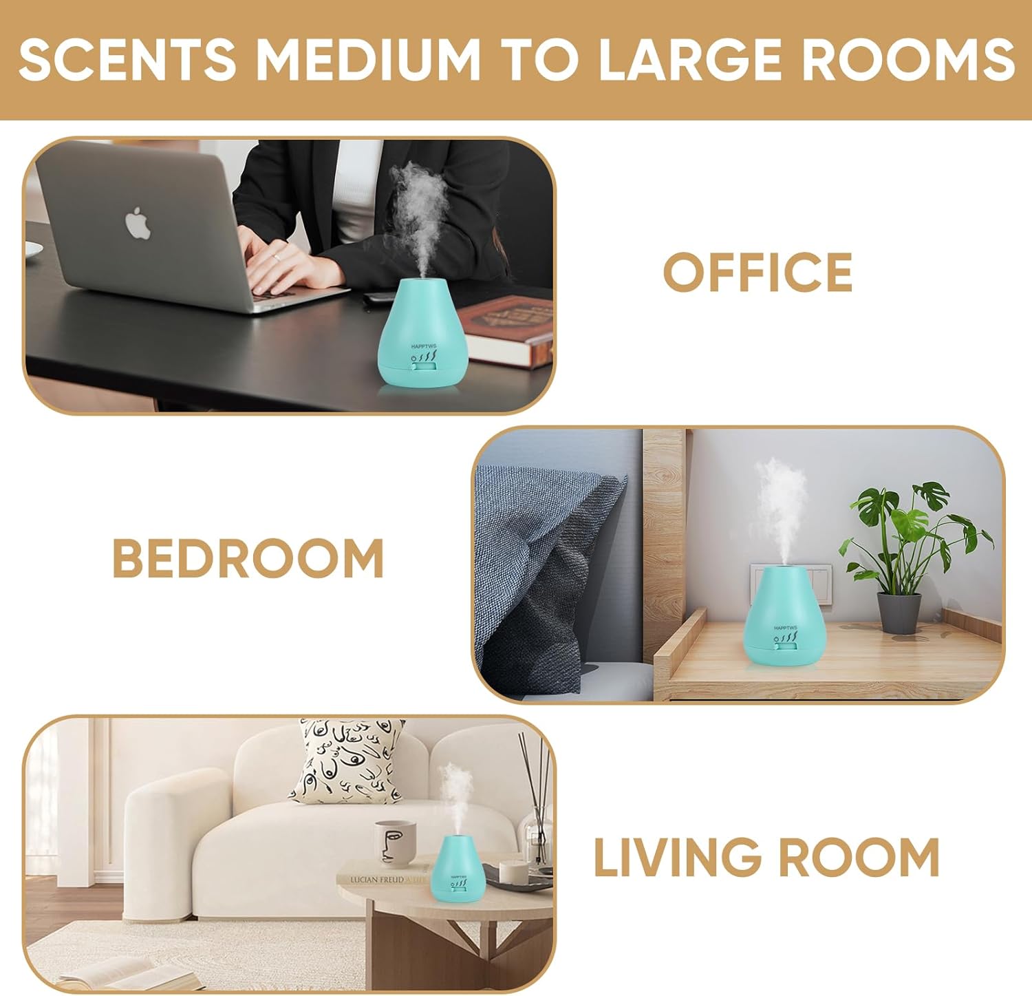 HAPPTWS Essential Oil Diffuser - Waterless Diffuser 3 Timer Settings Battery Powered for Bedroom Yoga Room Toilet Pet Room - Blue