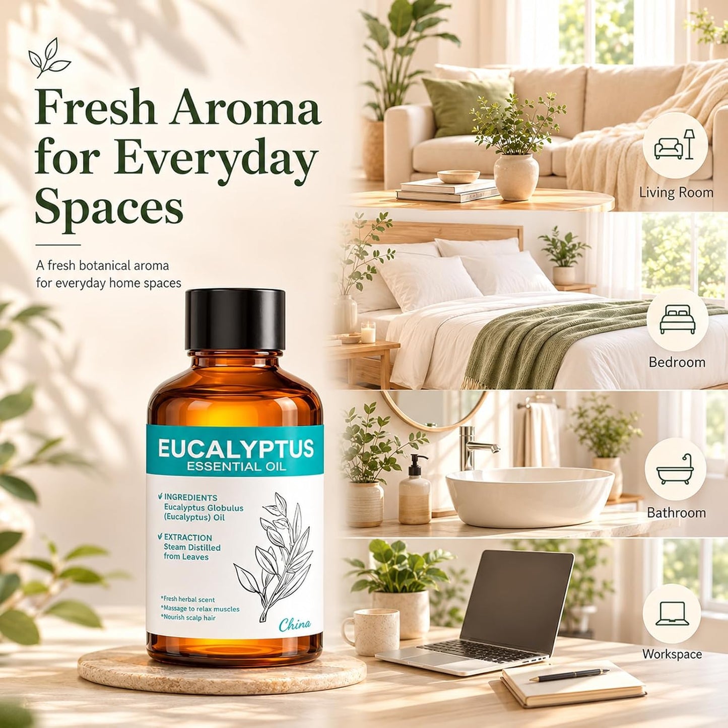 Eucalyptus Essential Oil 3.38 fl oz (100ml), Natural Eucalyptus Oil for Diffuser, Aromatherapy, Home Fragrance, Candle & Soap Making, DIY Projects