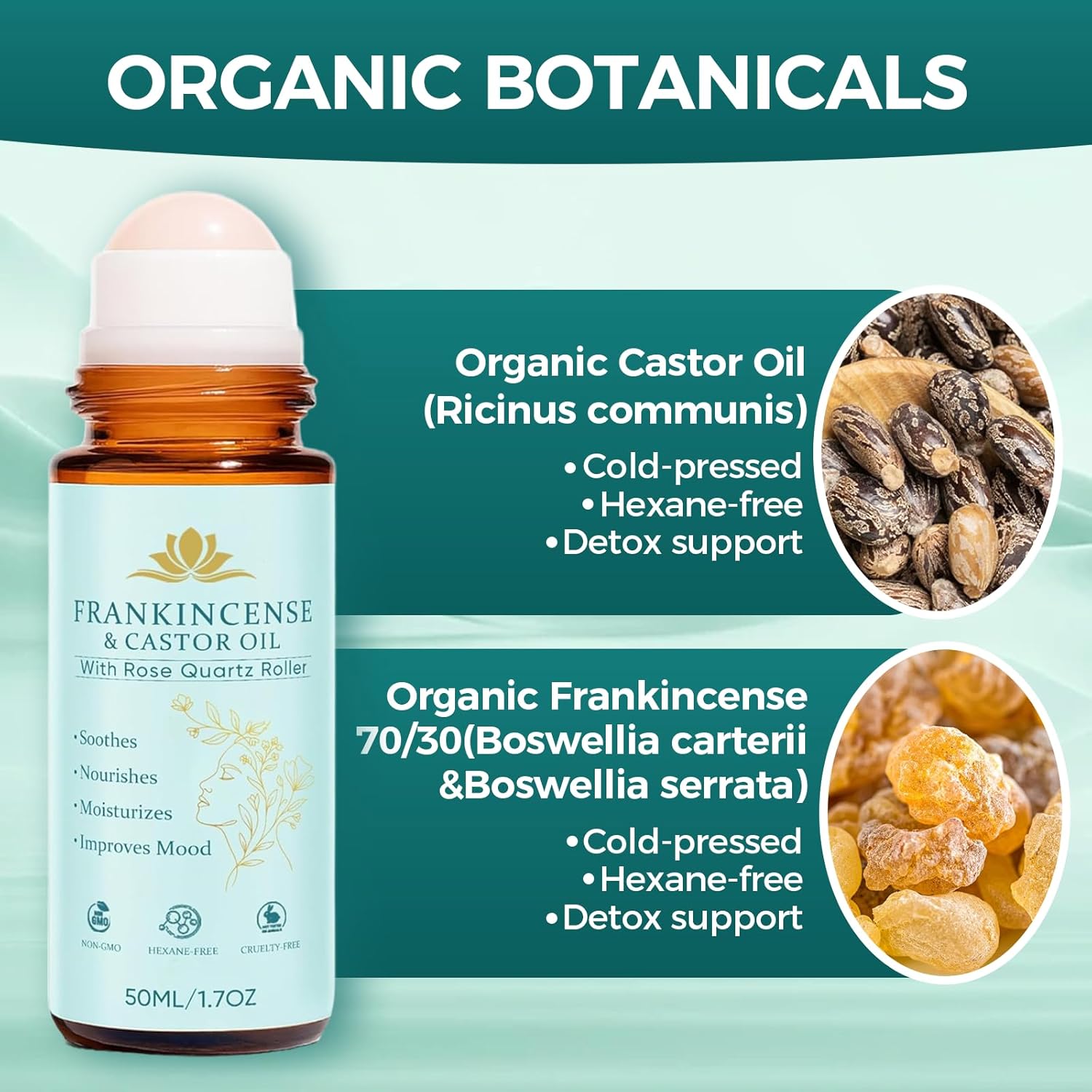 Frankincense and Castor Oil Roll On with Rose Quartz | 100% Pure Organic Cold-Pressed Castor Oil–Firms Skin, Reduces the Look of Fine Lines,Supports Hormonal Balance–For Face, Neck & Abdomen,1.7 fl oz
