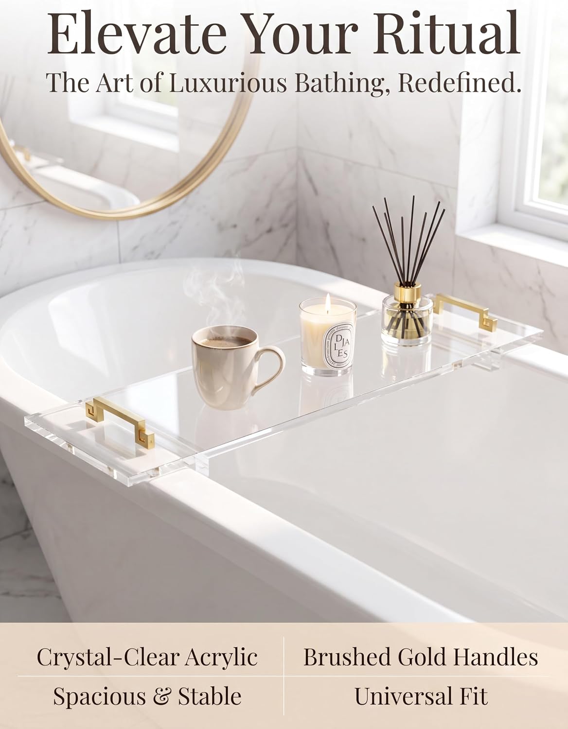 42 Inch Acrylic Bathtub Tray Caddy, Clear Thick Lucite Bath Tub Shelf with Gold Anti-Slip Support Brackets, Luxury Bathroom Spa Bathtub Organizer Tray