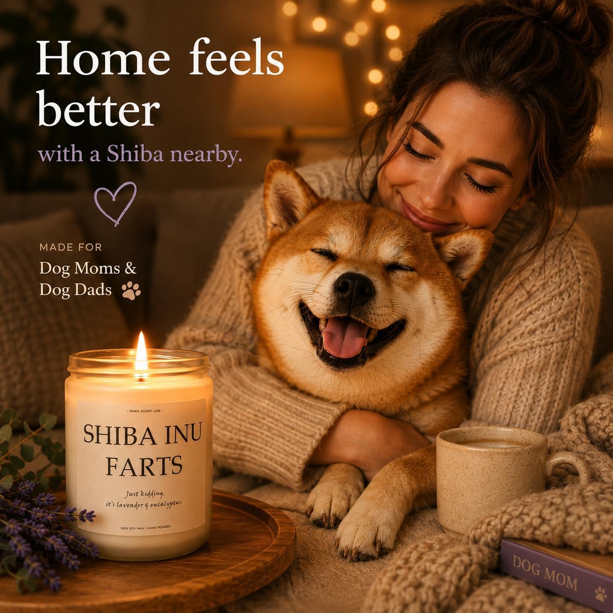 Shiba Inu Gifts & Decor, Dog Farts Candle, Dog Mom Gifts for Women - Lavender & Eucalyptus, Crafted by Natural Soy Wax & Natural Essential Oils, 7OZ