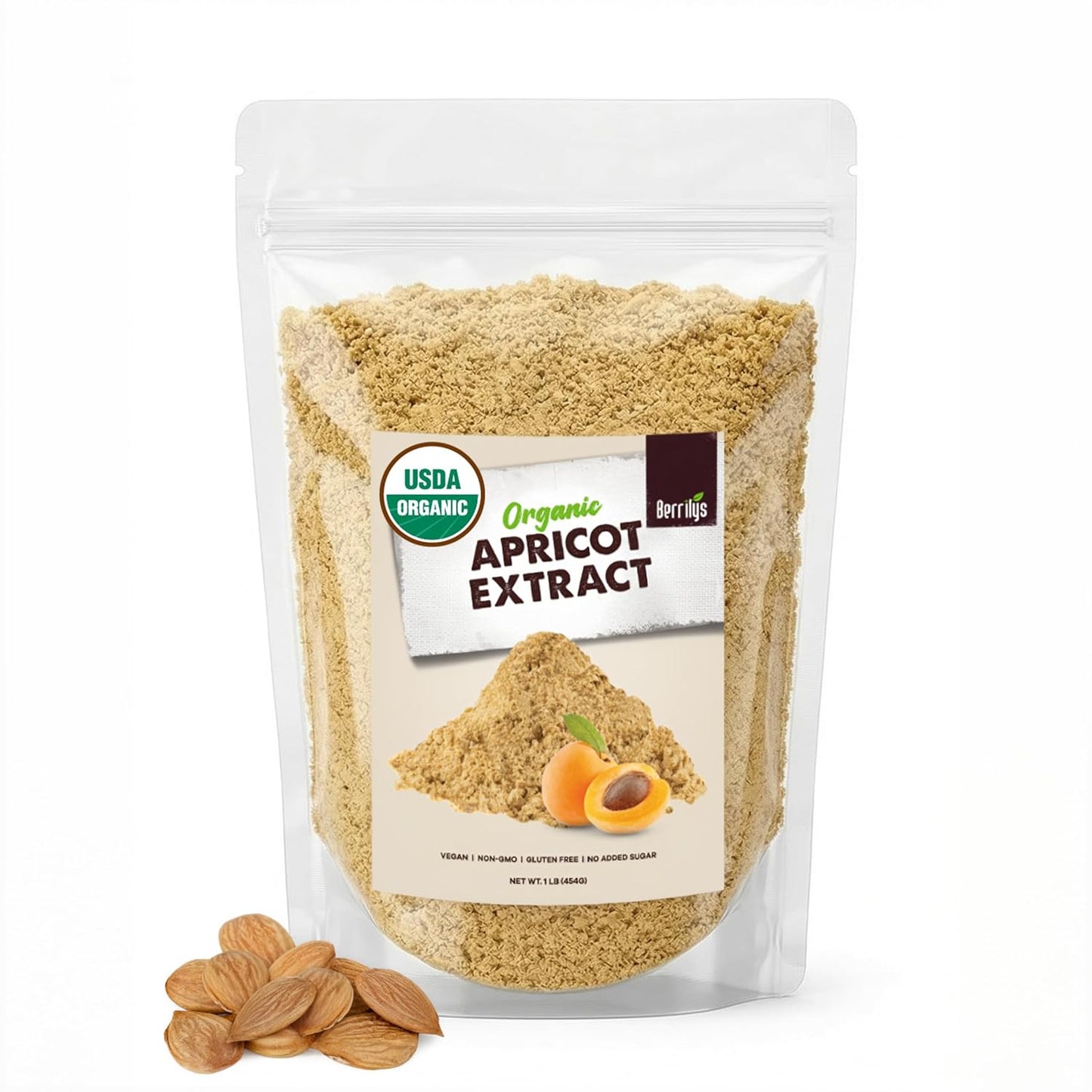 Berrilys Organic Bitter Apricot Kernel Powder - Extract, Raw, Non-GMO and Vegan, 16 oz - High in Vitamin, Apricot pits, Kernels ideal for energy option, Natural Raw pits for Wellness Support