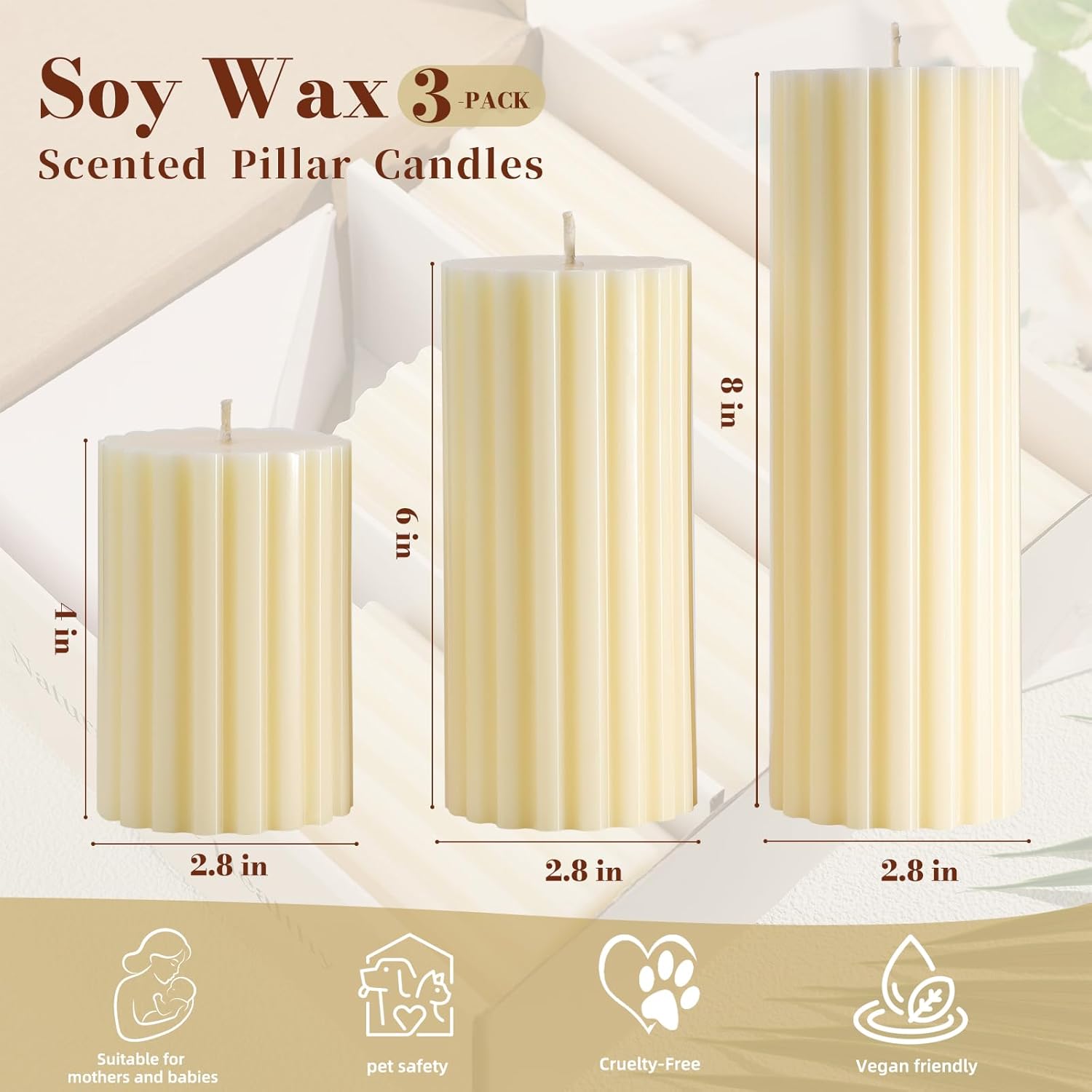 Ribbed Soy Pillar Candles Set of 3, Cashmere Amber Scented, Natural Soy Wax, 266 Hour Long Burning, 2.8x4/6/8 inch Large Pillar Candles for Home Decor, Relaxation, Bathroom, Living Room