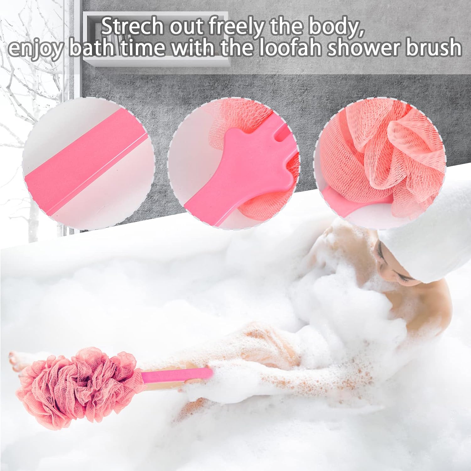 Evmliy Back Scrubber for Shower, Loofah Sponge Brush Exfoliating Body, Long Handle Scrub Brush for Shower with Loofah on a Stick for Back Use, Bathing Accessories Body Brushes (2Pack)