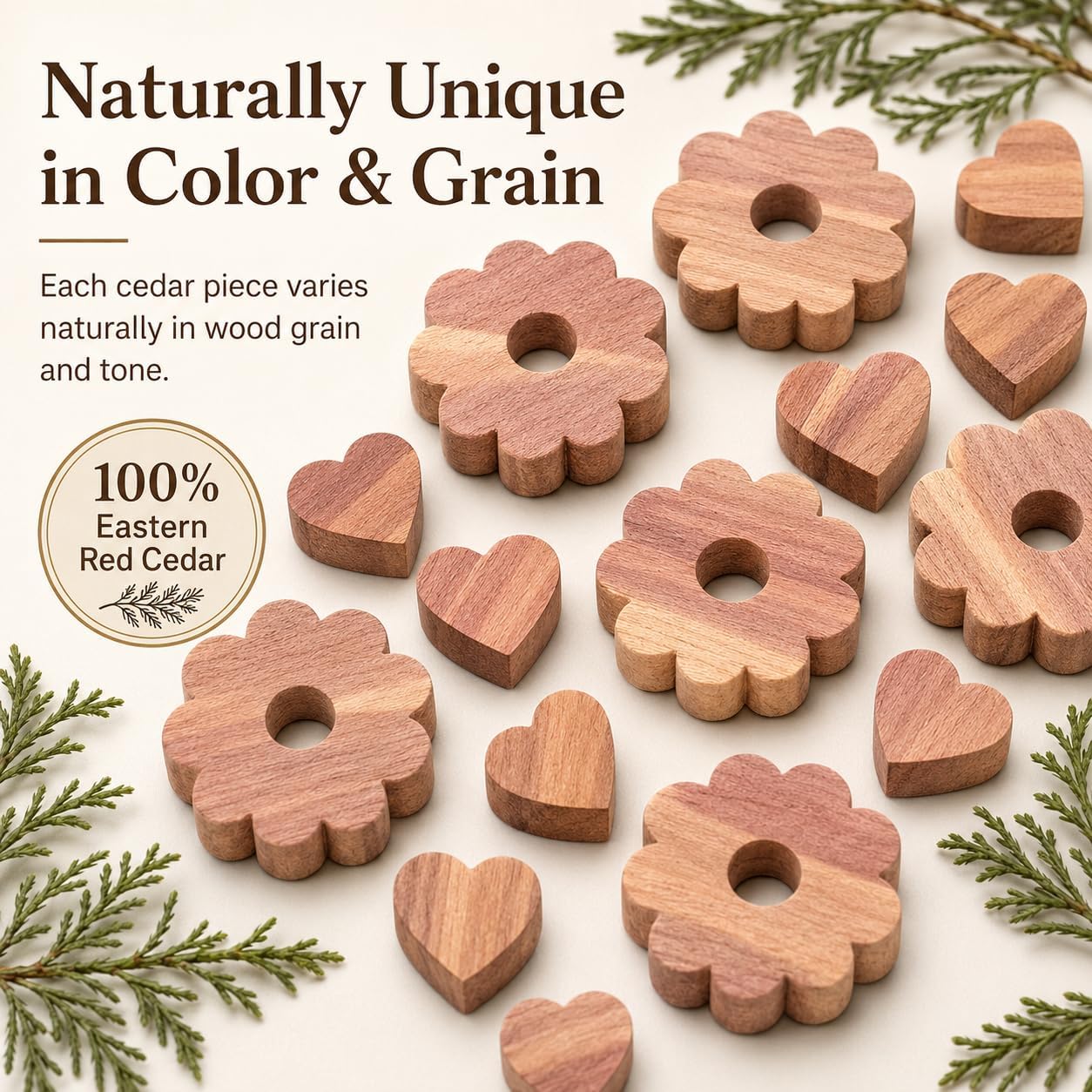 100 Pack Cedar Blocks for Clothes Storage, 100% Natural Aromatic Cedar Blocks for Closet, Wardrobe, Drawers and Shelves - 50 Rings and 50 Hearts Scented Wardrobe Freshener