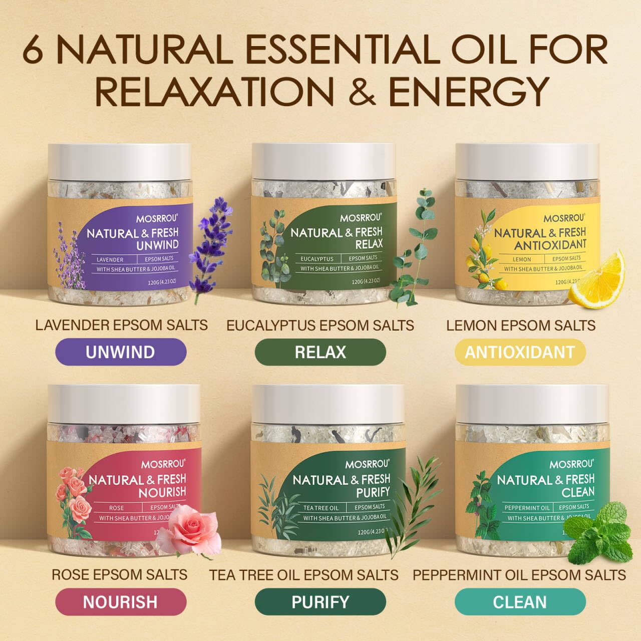 Epsom Bath Salts for Women Relaxing 6PCS Bath Salts Gift Set for Mom with Essential Oils for Bath Gifts on Birthday Mother's Day Christmas Lavender Eucalyptus Rose Lemon Tea Tree Peppermint