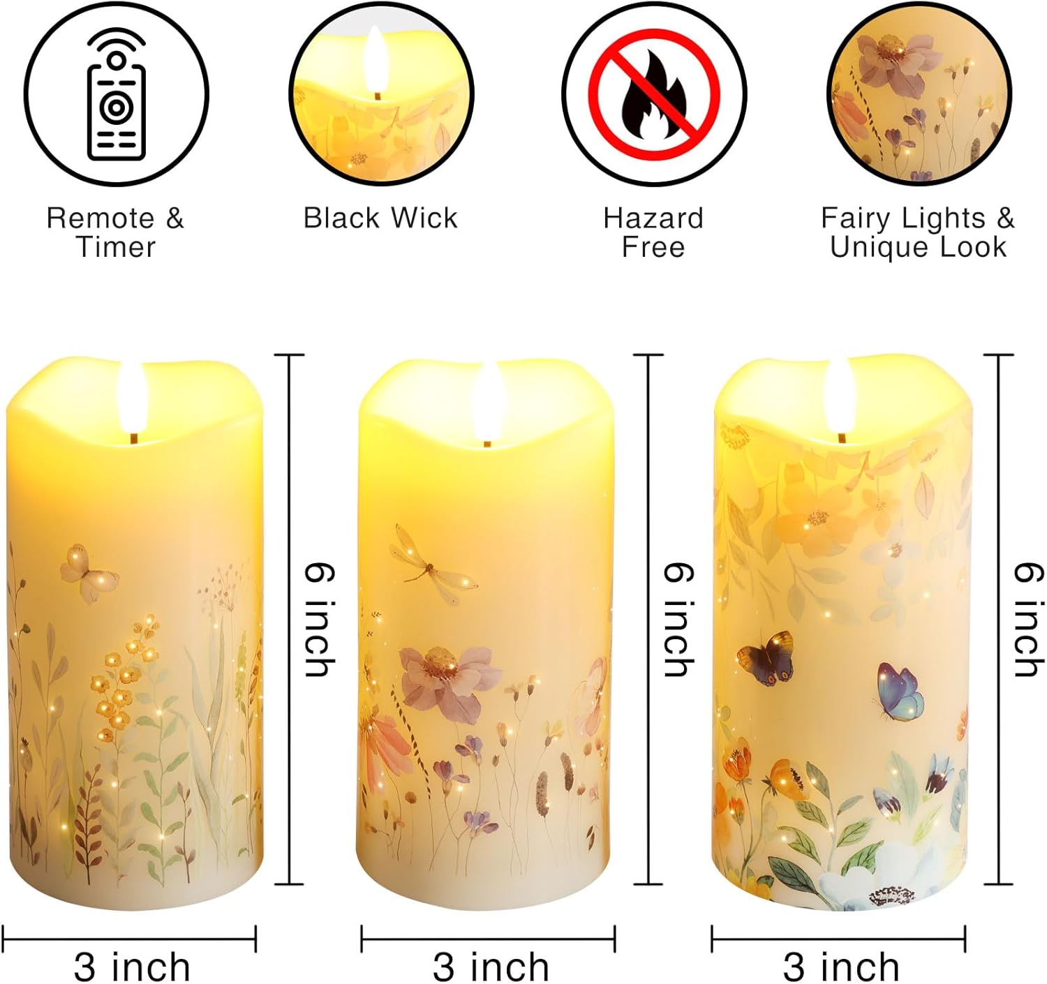 Eywamage Fiber Optic Flameless Pillar Candles with Remote Set of 3, Butterfly Floral Summer LED Candles Home Decor Φ 3" H 6"