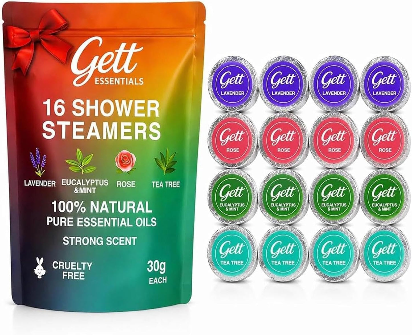 GETT Shower Steamers Aromatherapy 16 Pack, Strong Scent, Long Lasting, Lavender, Eucalyptus Mint, Rose, Tea Tree, Individually Wrapped, Sinus Relief, Stress Relief, Spa Gifts for Men and Women