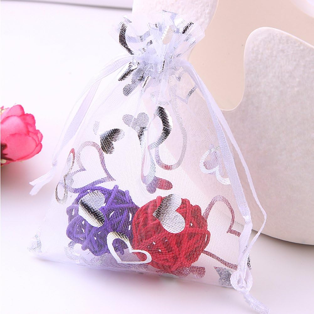 Wudygirl 100 PCS Organza Bags 3.54X4.72 inches Small Jewelry Bags with Drawstring Wedding Christmas Party Lavender Sachets Soaps Marbles Coins Bag (Mix Heart)
