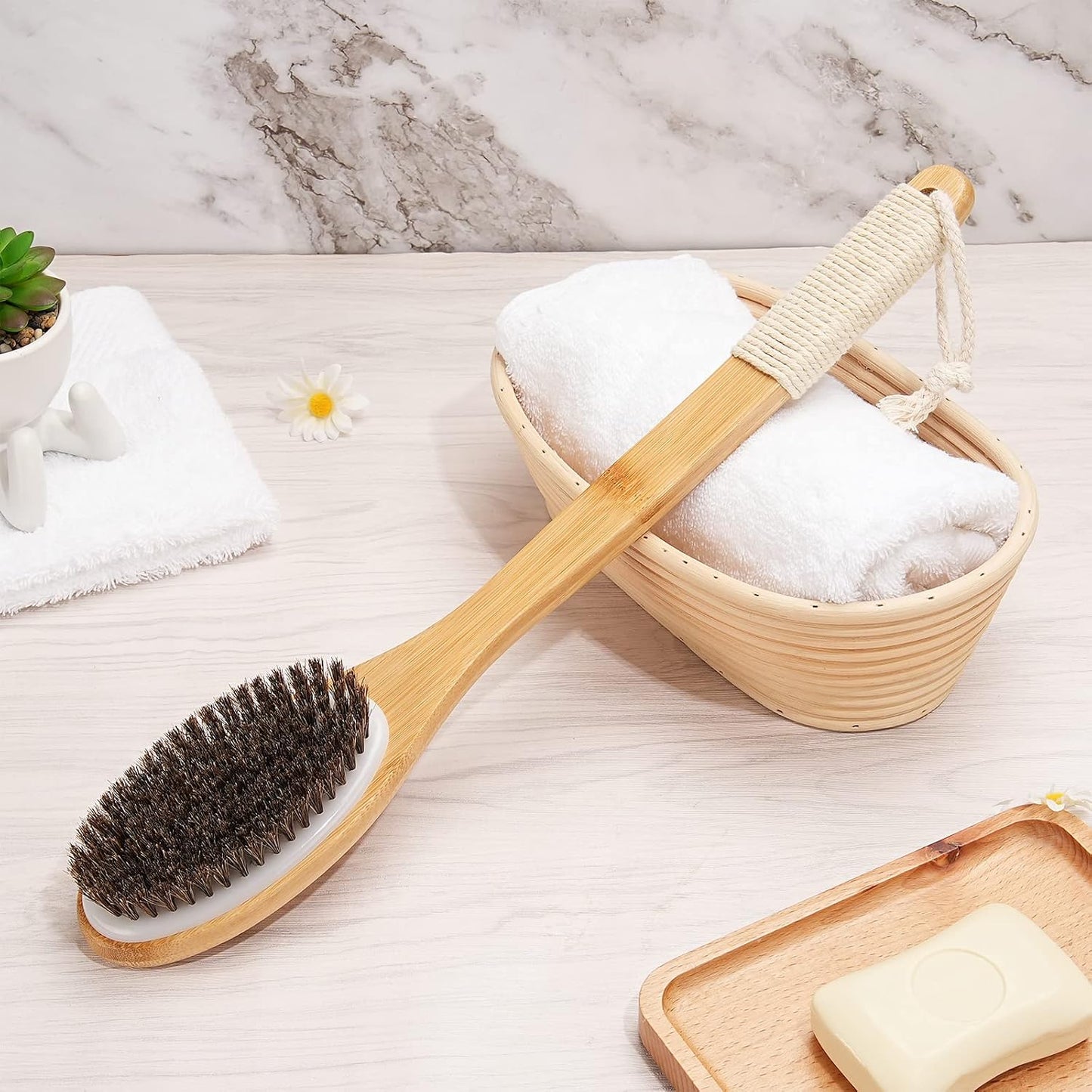 eaxun Bamboo Shower Brush with Curved Long Handle, 16.7 Inches Exfoliating Back Scrubber with Natural Bristles for Men & Women, Back Exfoliator Body Washer for Bath or Dry Brushing