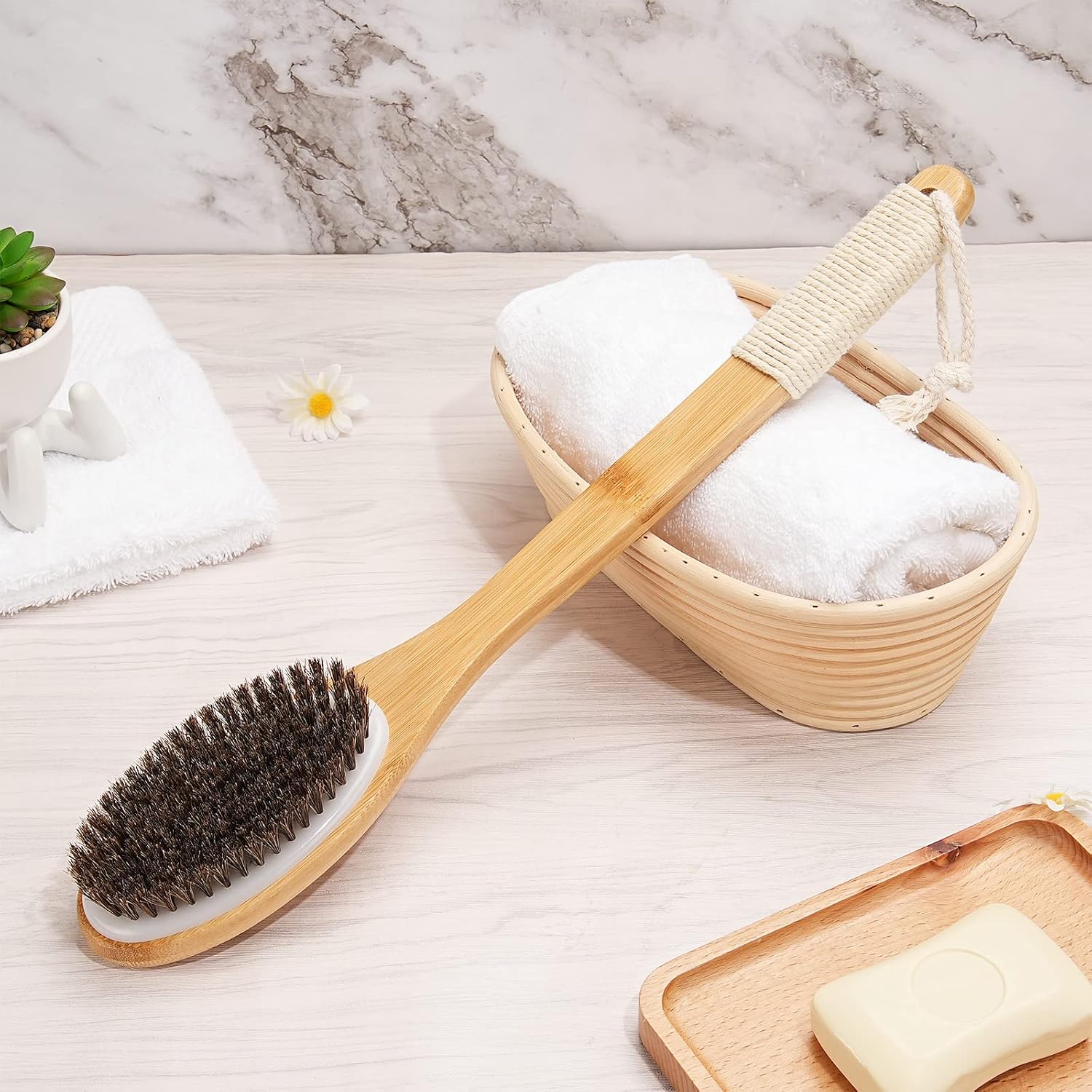 eaxun Bamboo Shower Brush with Curved Long Handle, 16.7 Inches Exfoliating Back Scrubber with Natural Bristles for Men & Women, Back Exfoliator Body Washer for Bath or Dry Brushing