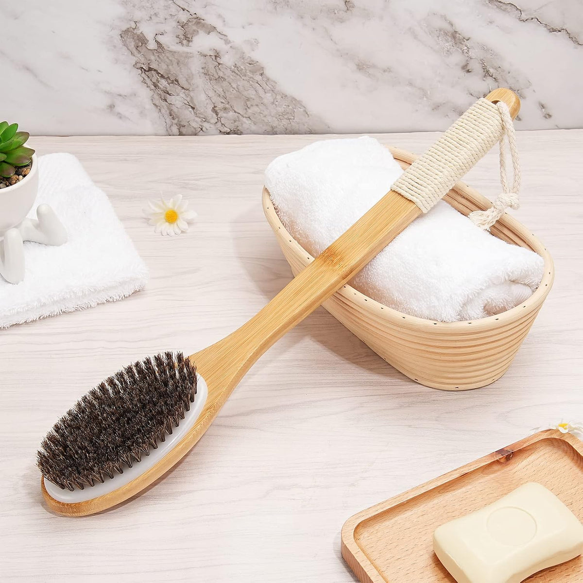 eaxun Bamboo Back Scrubber for Shower with Curved Long Handle, Shower Brush
