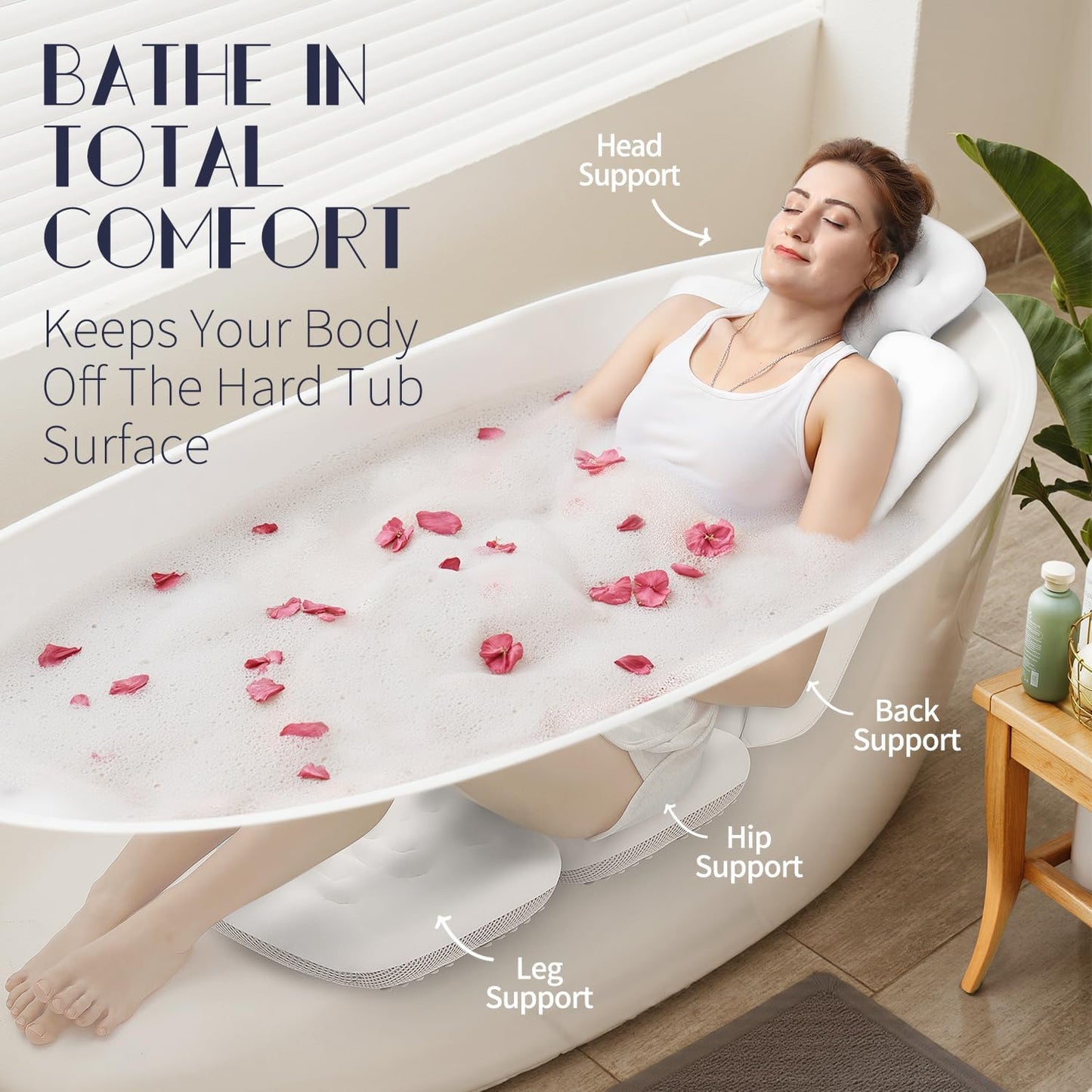 Full Body Bath Pillow for Bathtub, Thick Bathtub Cushion, Luxury Tub Pillow for Bath for Headrest Neck and Back Support White 56" x 16"