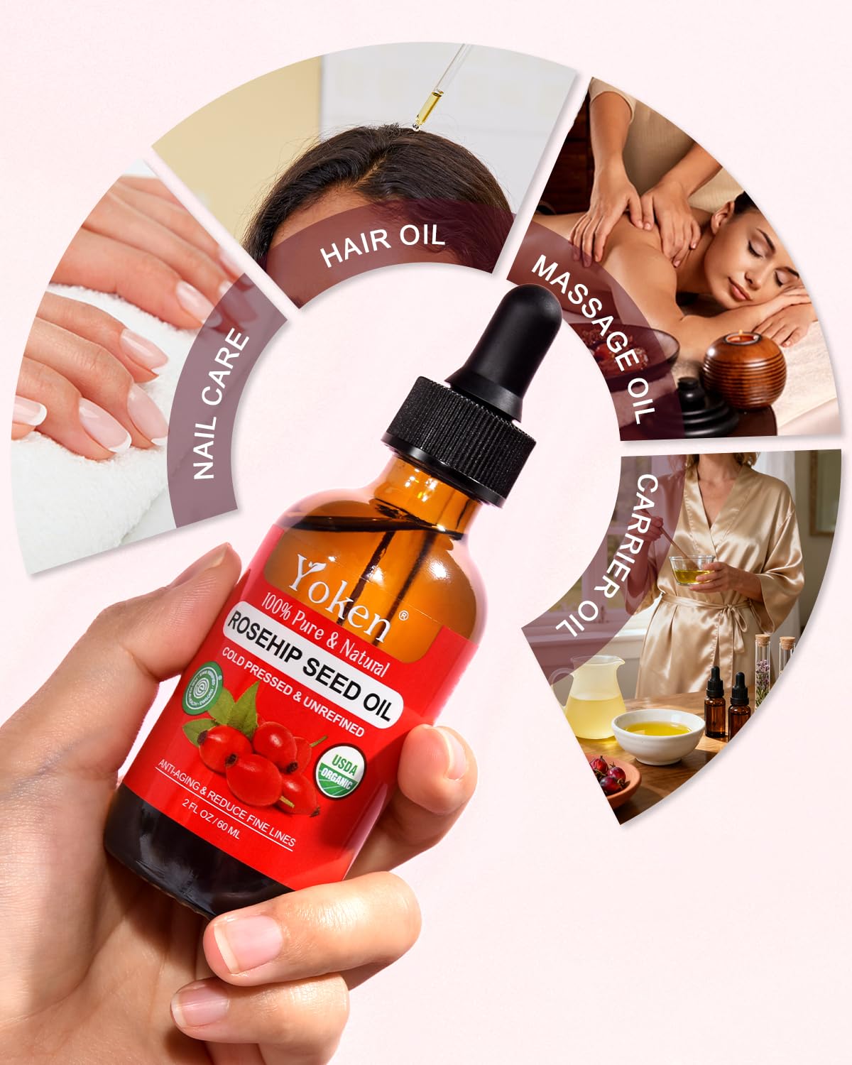 Yoken Organic Rosehip Seed Oil for Face, 100% Pure and Natural Cold Pressed Unrefined Rosehip Oil Carrier for Skin, Hair & Nails - Lightweight, Fast-Absorbing (2 fl oz)