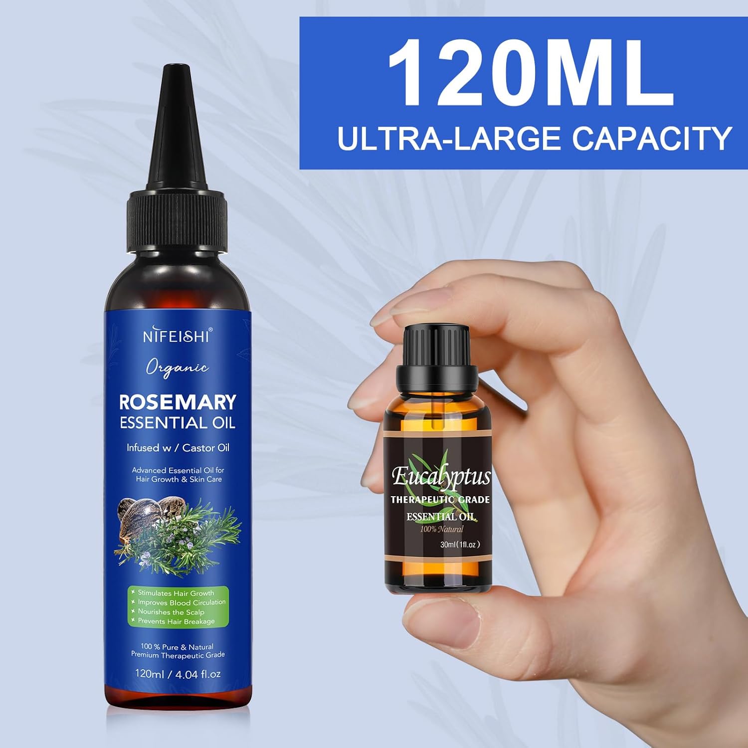 Rosemary Essential Oil for Hair Growth, Scalp Massage and Body - 120ml Pure Organic Infusion with Castor Oil, Improves Blood Circulation, Reduces Hair Loss