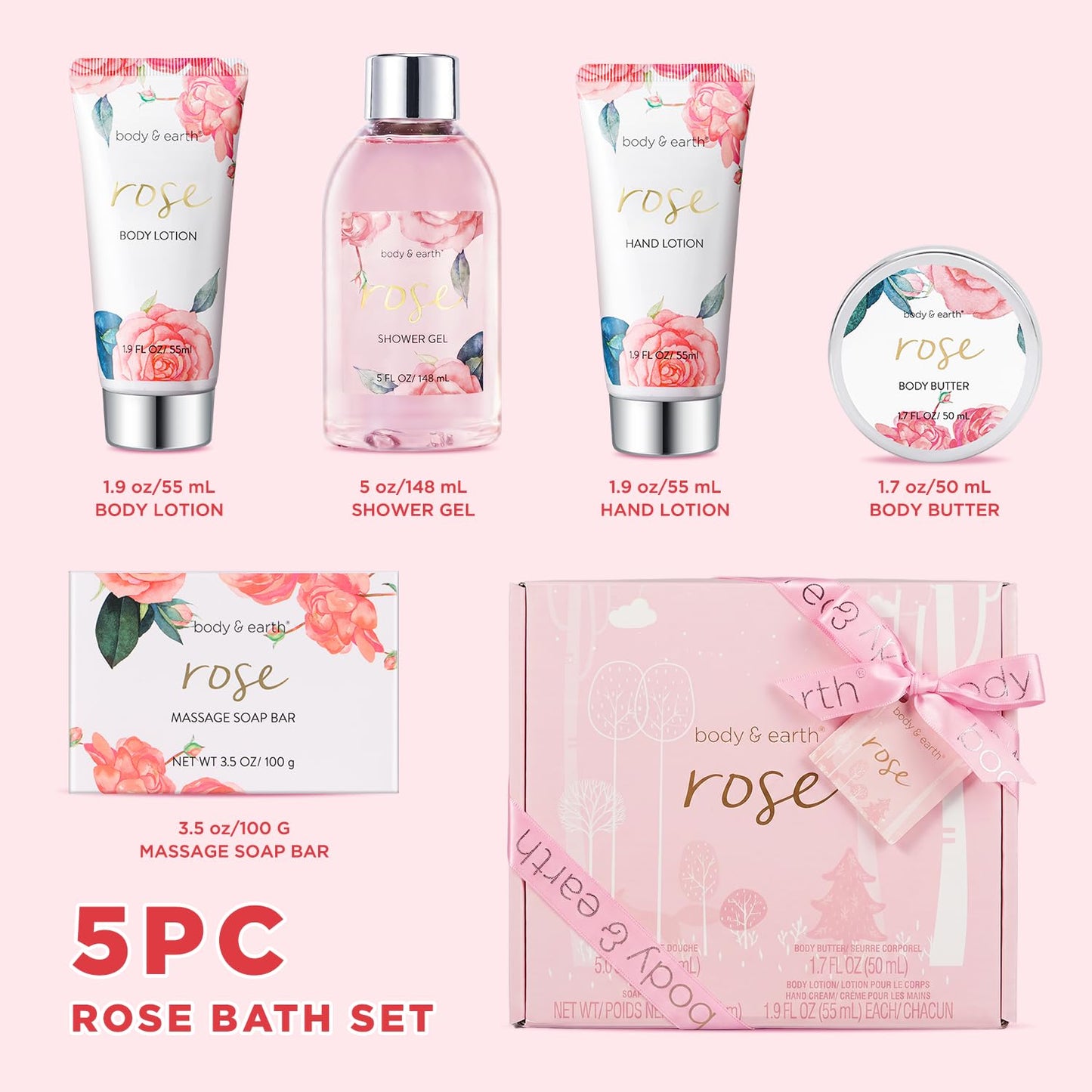 BODY & EARTH Spa Gift Set for Women - Luxurious 5 Pcs Bath and Body Box, Rose Scent, Includes Body Wash, Body Butter, Body Lotion and More, Birthday Mothers Day Gifts for Mom Self Care Kit for Her