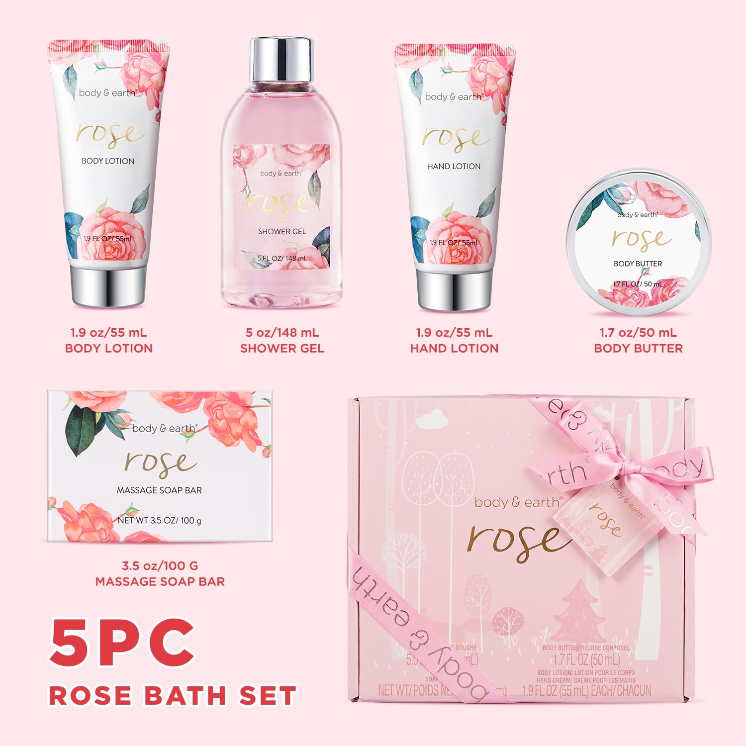BODY & EARTH Spa Gift Set for Women - Luxurious 5 Pcs Bath and Body Box, Rose Scent, Includes Body Wash, Body Butter, Body Lotion and More, Birthday Mothers Day Gifts for Mom Self Care Kit for Her