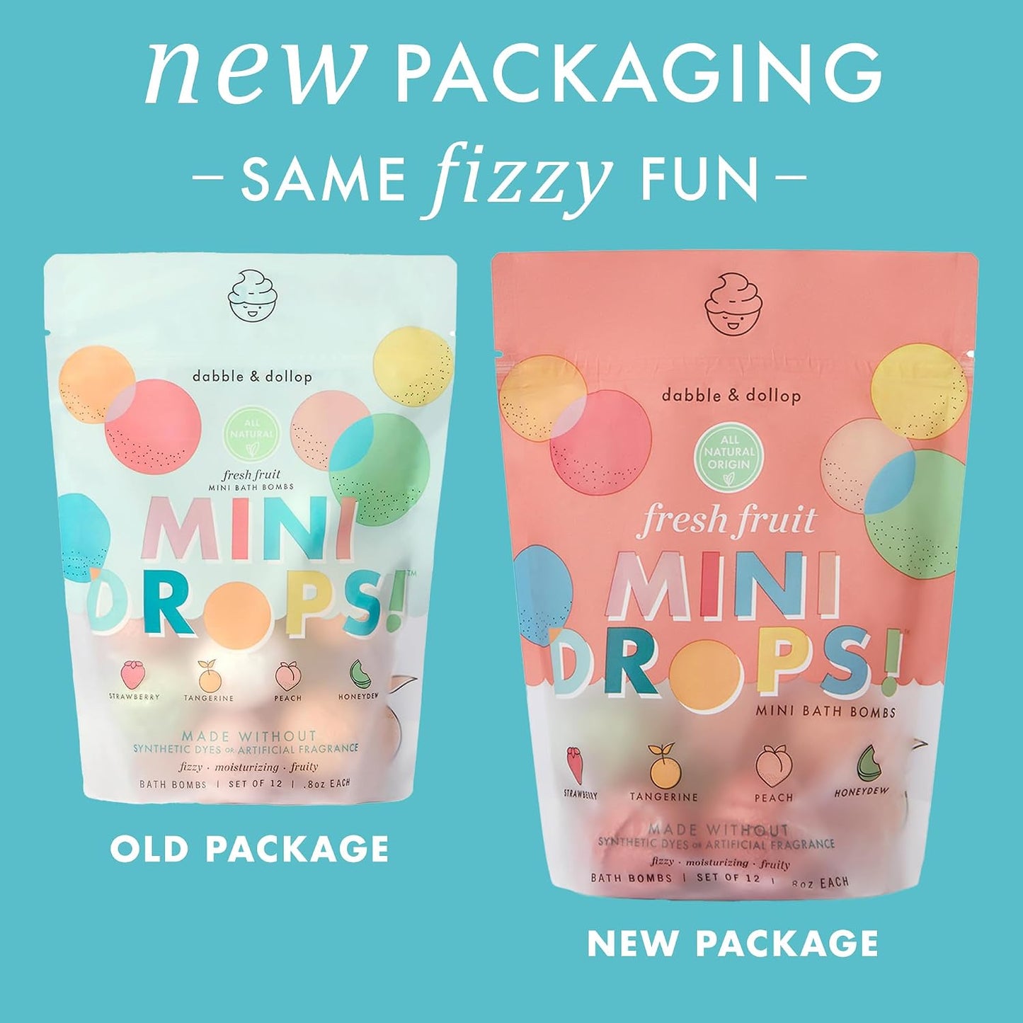 Dabble & Dollop Mini Bath Bombs, Fresh Fruit Scents - Natural Origin, Mixable Scents, Clean Ingredients, No Synthetic Dyes, Toddler & Kids Bath Bombs in Resealable Pouches (Set of 24)