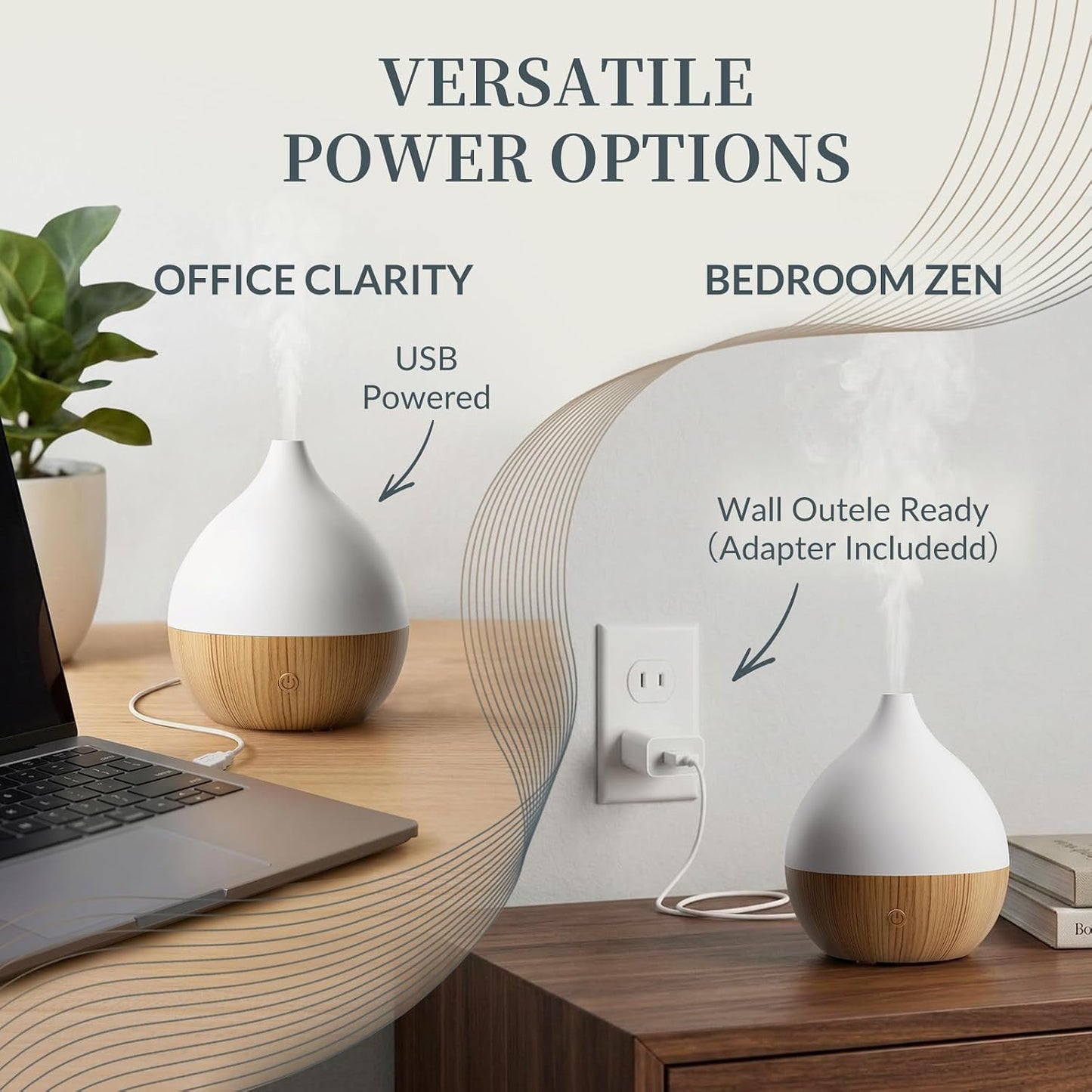Essential Oil Diffuser with Adapter, 100ml Small Aromatherapy Scent Machine for Home & Office Desk, 7 Color LED Cool Mist Humidifier, Auto Shut-Off, Classic Teardrop White