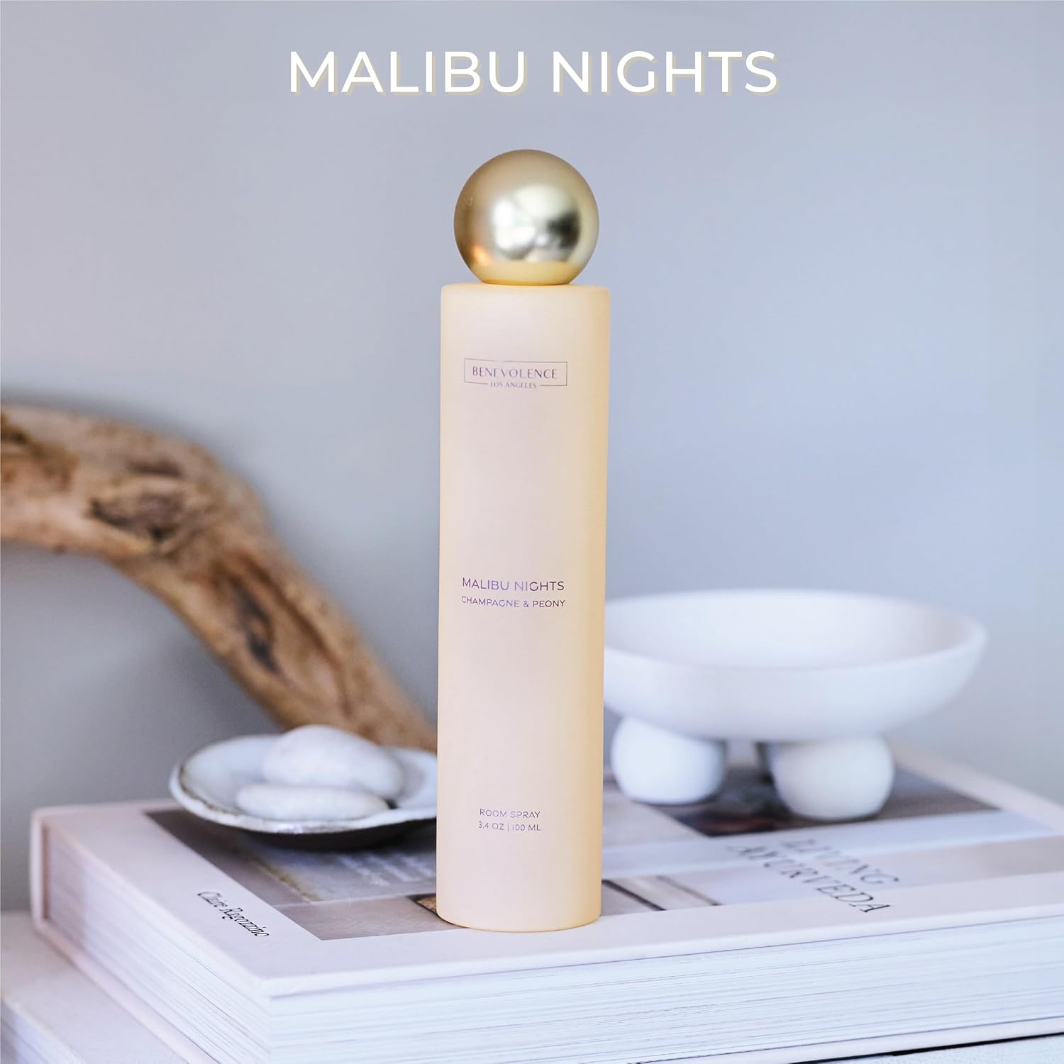 Champagne & Peony Room Spray | Benevolence LA Malibu Nights | 3.4oz | Home, Pillow & Linen Fragrance Spray | Low VOC, No Alcohol | Malibu Sands Collection