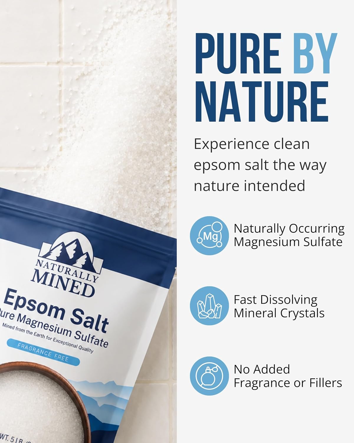 Naturally Mined Epsom Salt Bath and Foot Soak, Unscented Pure Magnesium Sulfate, 5lb
