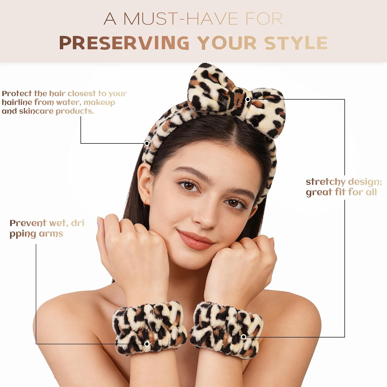 Ayesha Spa Headband and Wristband Set for Skincare Washing Face,6pcs Cheetah print Makeup Headband Wrist Cuffs for Preppy Skincare Teen Girl Women