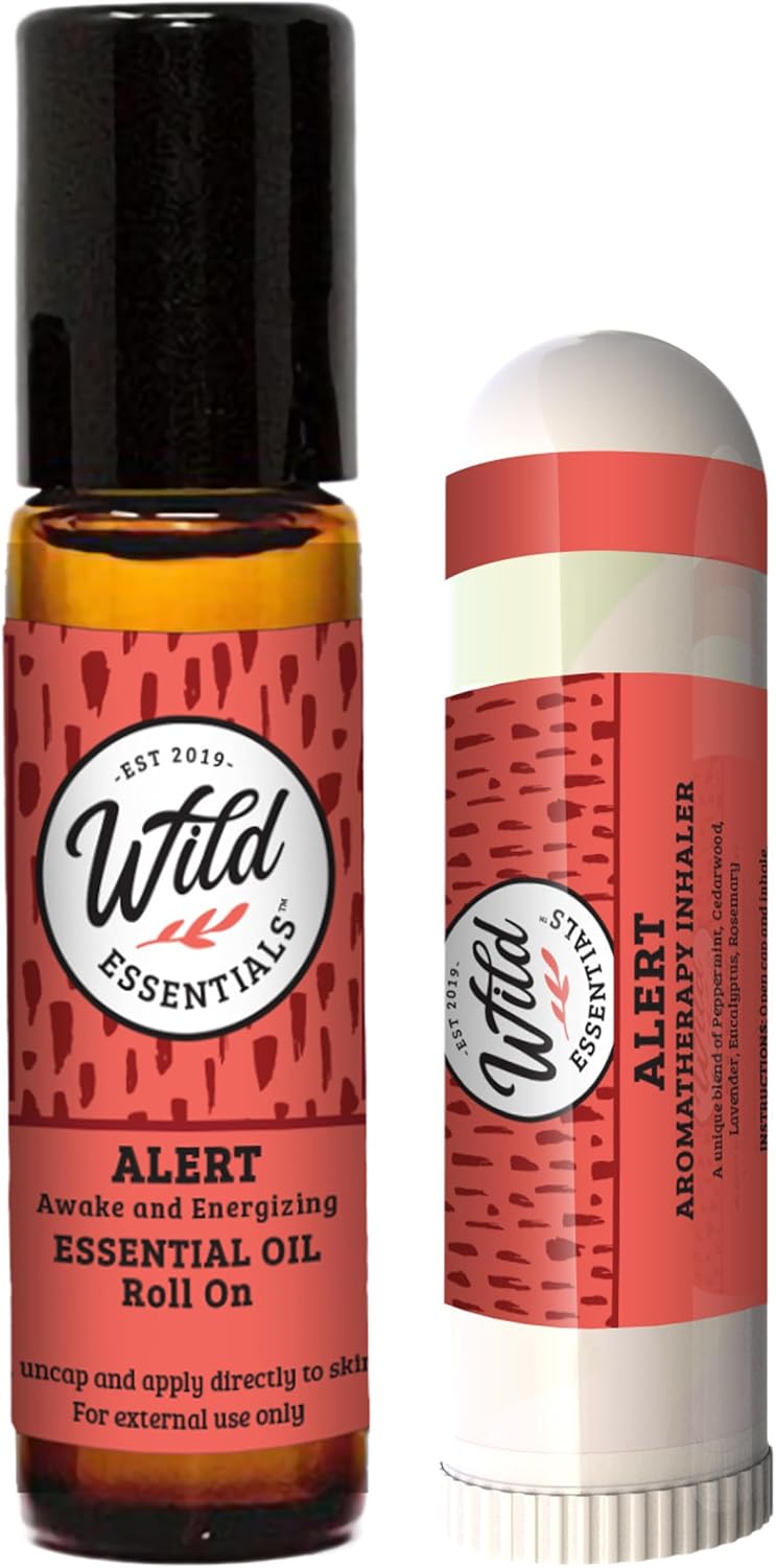 Wild Essentials Alert Essential Oil Blend 2-Pack – Roll-On & Nasal Inhaler with Cedarwood, Eucalyptus, Lavender, Peppermint & Rosemary – Natural Energy, Focus & Mental Clarity Aromatherapy Set
