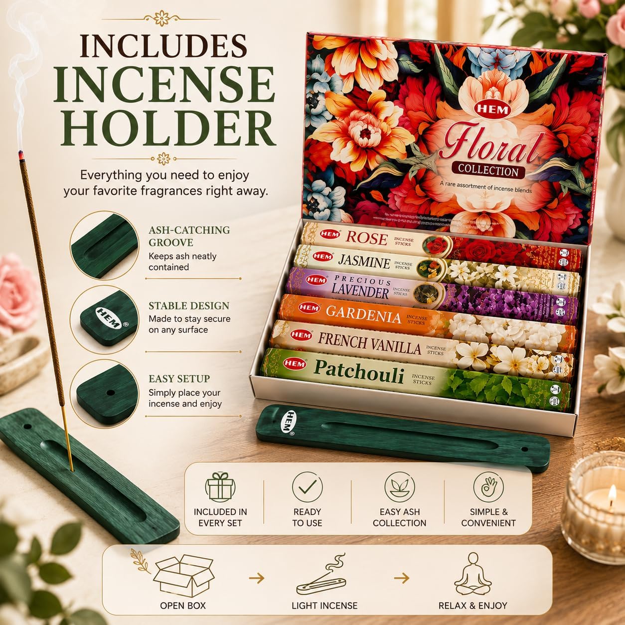 Hem Incense Sticks Assorted Floral Pack (6 Sets x 20 Sticks) with Incense Stick Holder 120 Sticks Total | Patchouli French Vanilla Gardenia Jasmine Rose Precious Lavender