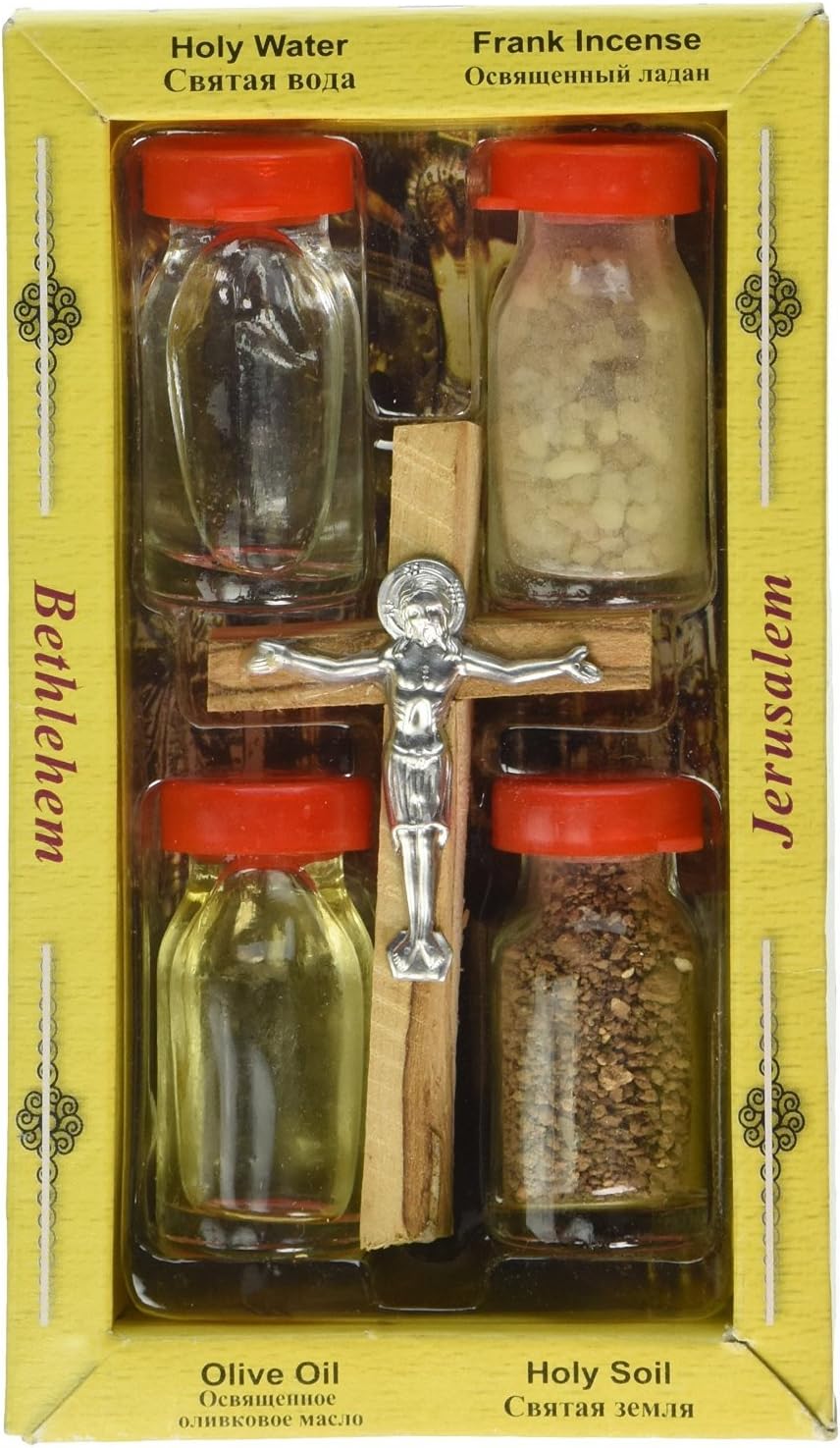 Zuluf Holy Land Set 5 in 1 Olive Wood Cross Set with 4 Bottles - Oil, Jordan Water, Holy Earth and Incense from Jerusalem | Catholic Orthodox Blessing Set from Israel | Religious Israel Gift HLG005