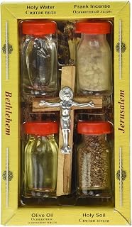 Zuluf Holy Land Set 5 in 1 Olive Wood Cross Set with 4 Bottles - Oil, Jordan Water, Holy Earth and Incense from Jerusalem | Catholic Orthodox Blessing Set from Israel | Religious Israel Gift HLG005