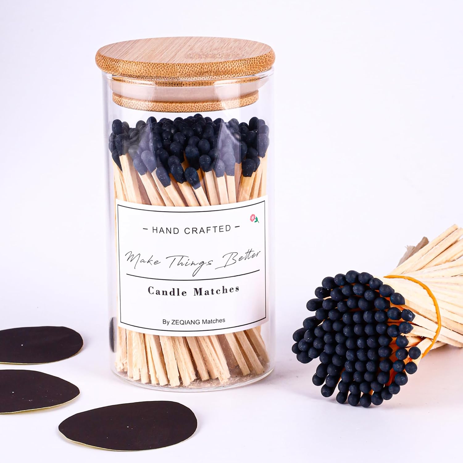 Black Matches Included (150Pcs), Glass Match Holder with Striker, Glass Match Cloche with Striker, Match Bottle with Candles Matches, 3'' Wooden Safety Matches for Candles BBQ Grill Fireplace