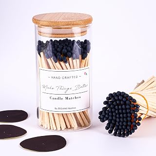 Black Matches Included (150Pcs), Glass Match Holder with Striker, Glass Match Cloche with Striker, Match Bottle with Candles Matches, 3'' Wooden Safety Matches for Candles BBQ Grill Fireplace