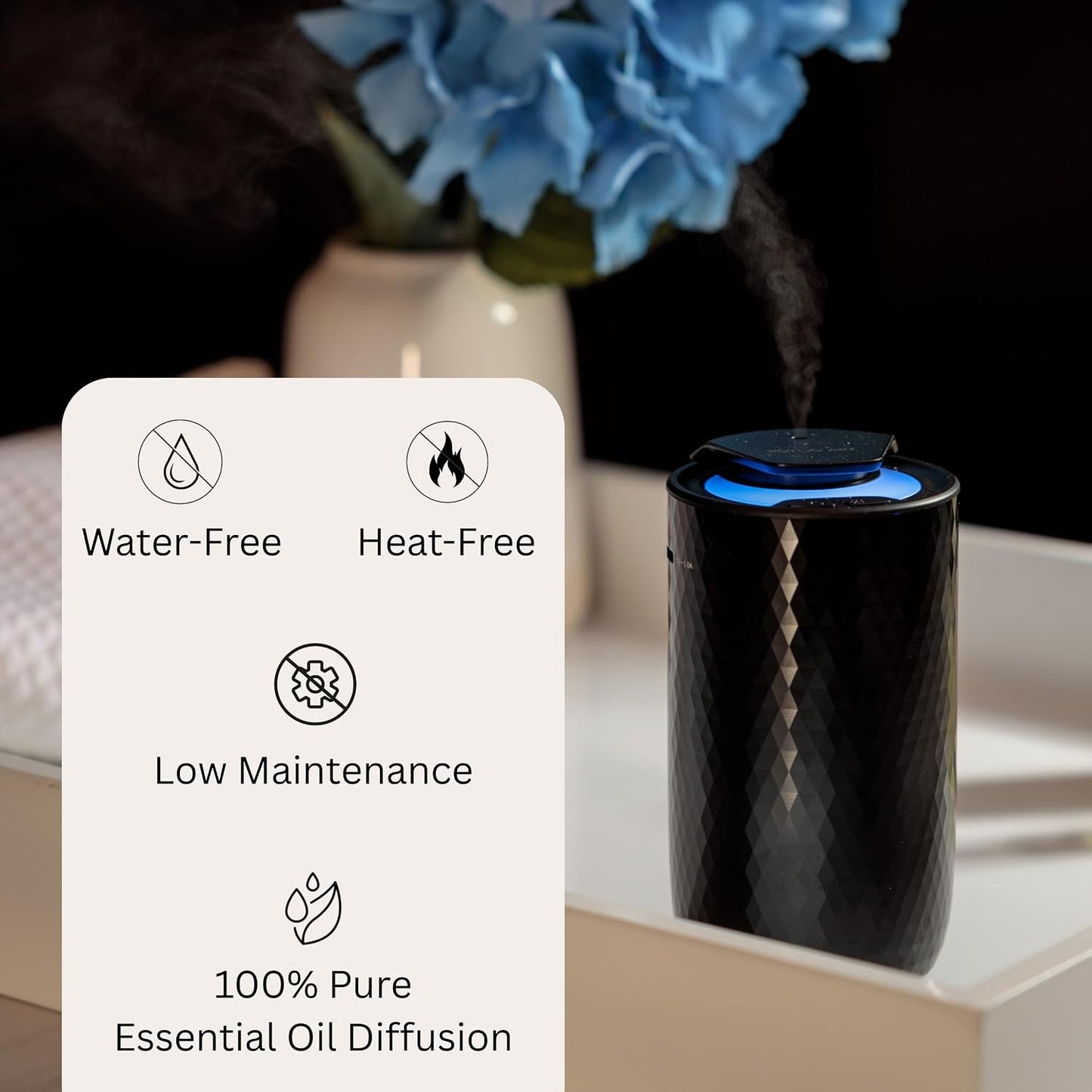 Waterless Essential Oil Diffuser - Cordless Rechargeable Aromatherapy Scent Machine for Home Bedroom Car Office Travel - 3 Mist Levels, 4 Timer Modes, 24-Hour Battery