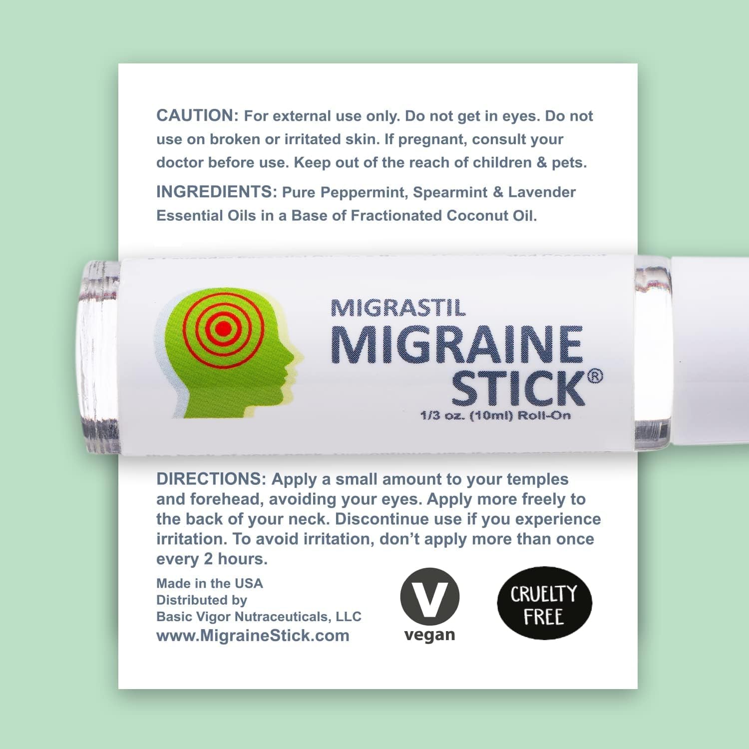 Basic Vigor Migrastil Migraine Stick Rollon - Fast Cooling Comfort for Your Head. Aromatherapy with Peppermint & Other Essential Oils. Metal Roller. Made in USA