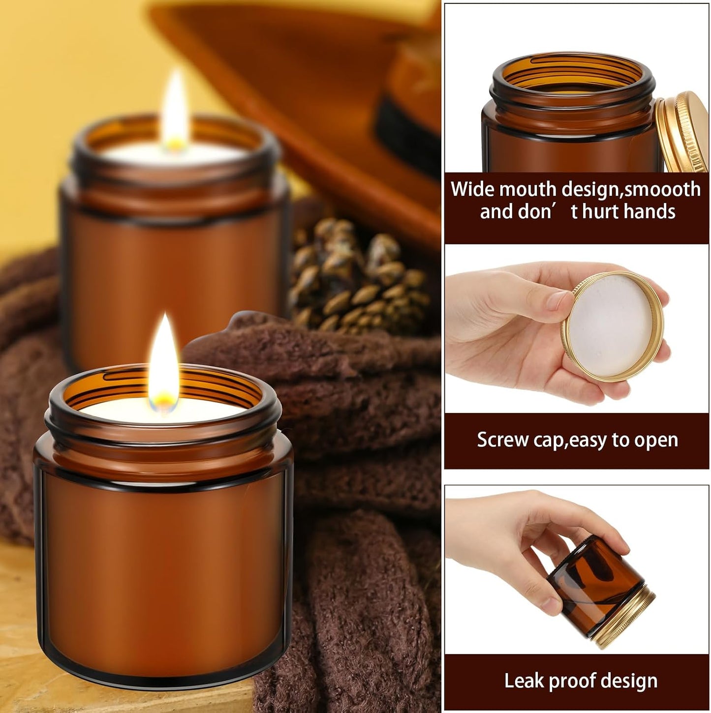 Zhehao 24 Pcs Glass Candle Jars with Lids Bulk, Round Empty Candle Container Tins, Dishwasher Safe and Leakproof DIY Crafts(Amber,Gold,4 oz)
