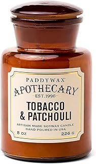 Paddywax Artisan Apothecary Scented Candle with Lid in Reusable Glass Jar, Clean-Burn Soy Candle with Approx. 54 Hour Burn Time, Tobacco & Patchouli, 8 oz.