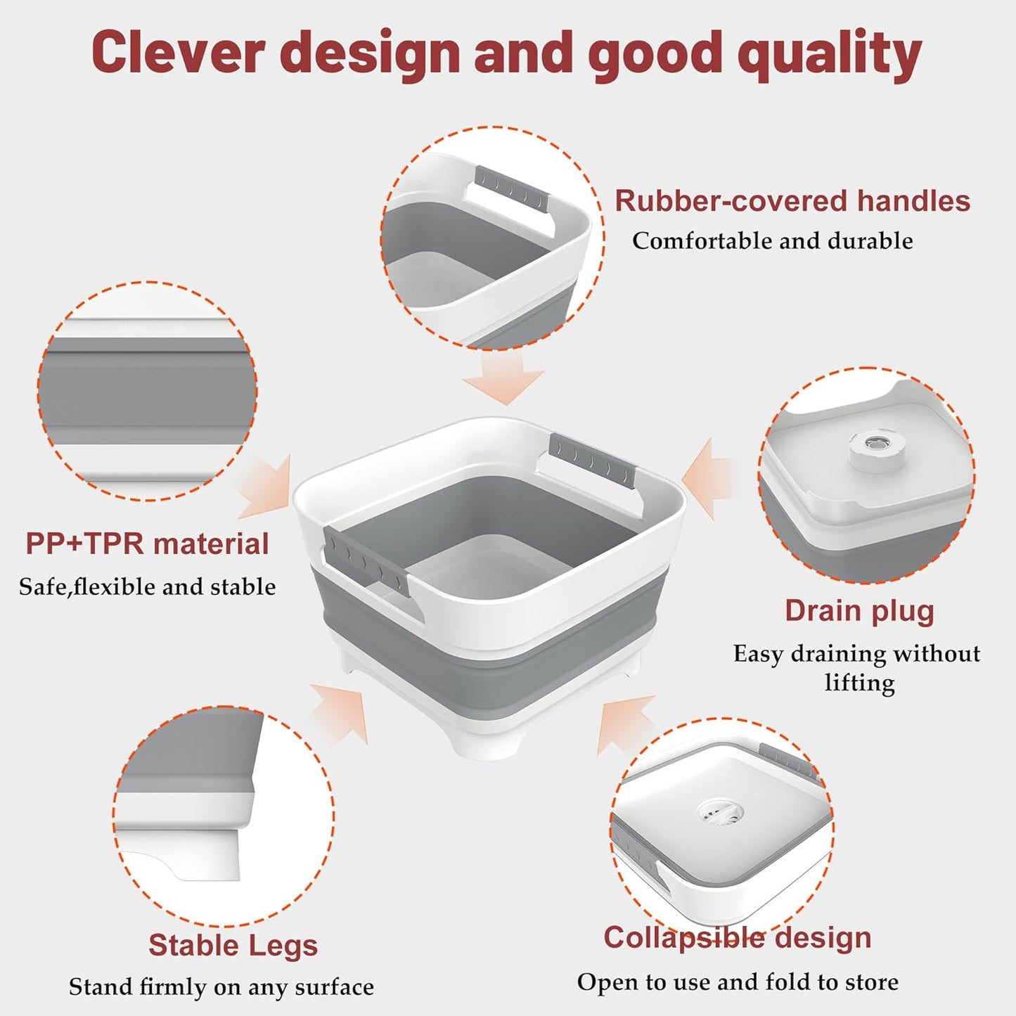MontNorth 2.4 Gal Collapsible Wash Basin with Drain Plug, 9L, Gray | Portable foldable sink for camping, RV, soaking baby bottles, vegetable washing, ice beverage storage
