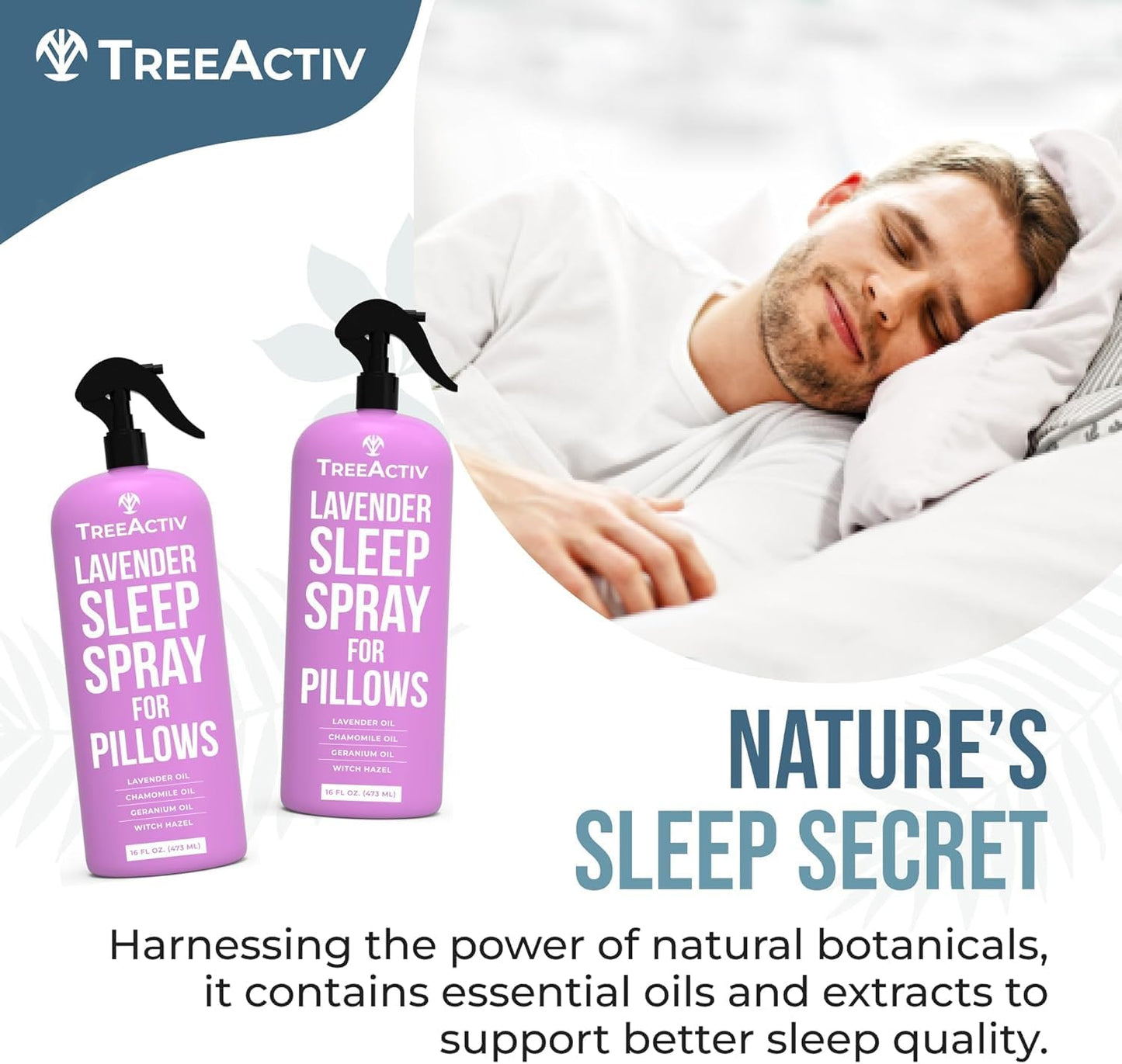 TreeActiv Sleep Spray Calming Lavender Chamomile, Soothing Witch Hazel & Lavender Pillow Spray Air Freshener for Room, Bed, Fabric, Pillows & Linen Mist for Sleeping & Relaxation, 4000+ Sprays, 16 Oz