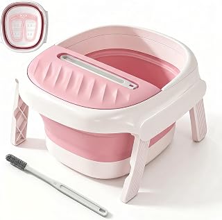 Collapsible Foot Bath Tub with Long Handle Foot Brush, Foldable Foot Soaking Tub with Insulated Lid & Sturdy Support Frame, Pedicure Foot Spa Basin for Men Women Home Travel (Pink)